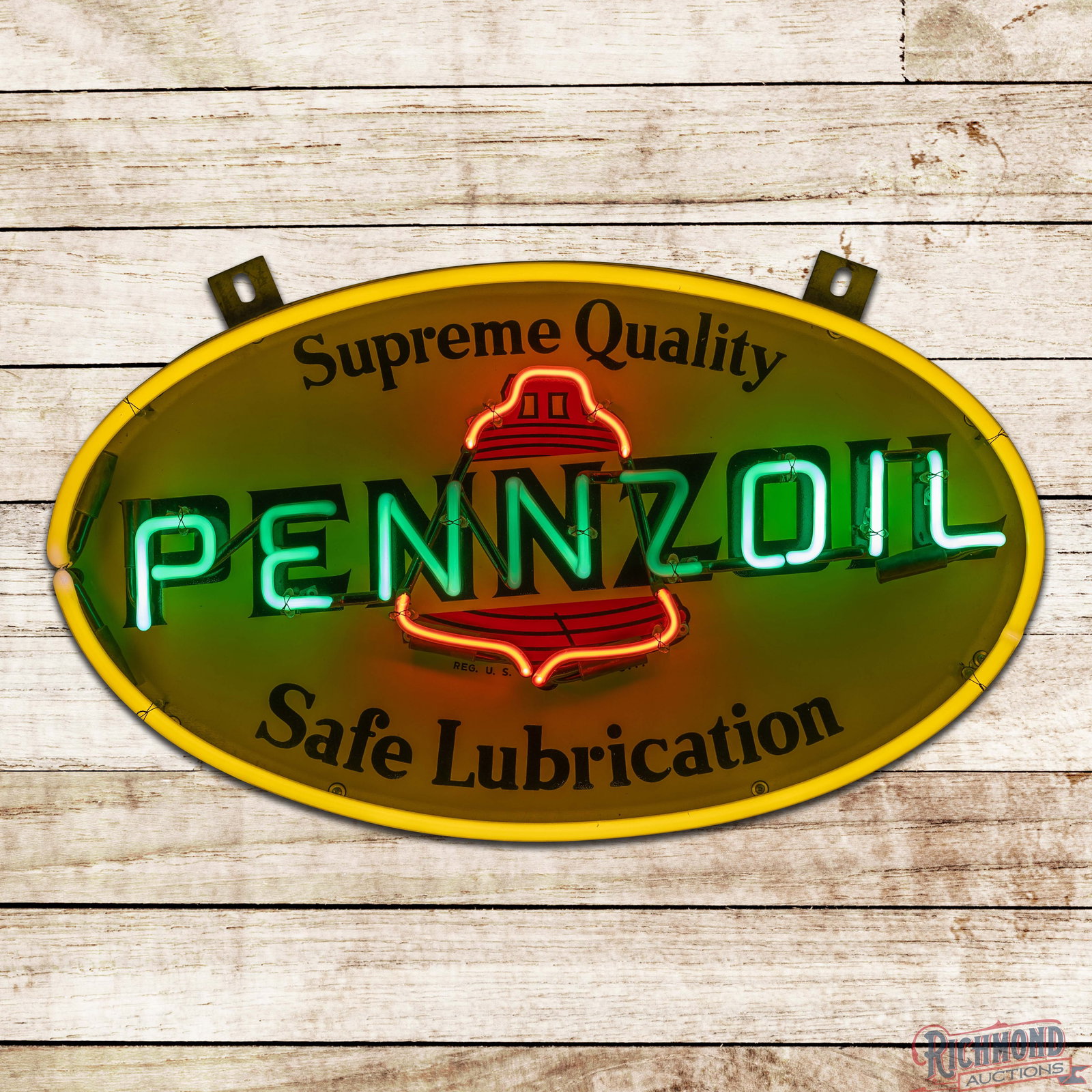 1977 Pennzoil Motor Oil Single Sided Tin Neon Sign: SST (single sided tin) sign with added neon and a metal can has excellent color and shine. The display is exceptionally clean with a few minor surface imperfections. The metal can is in excellent cond