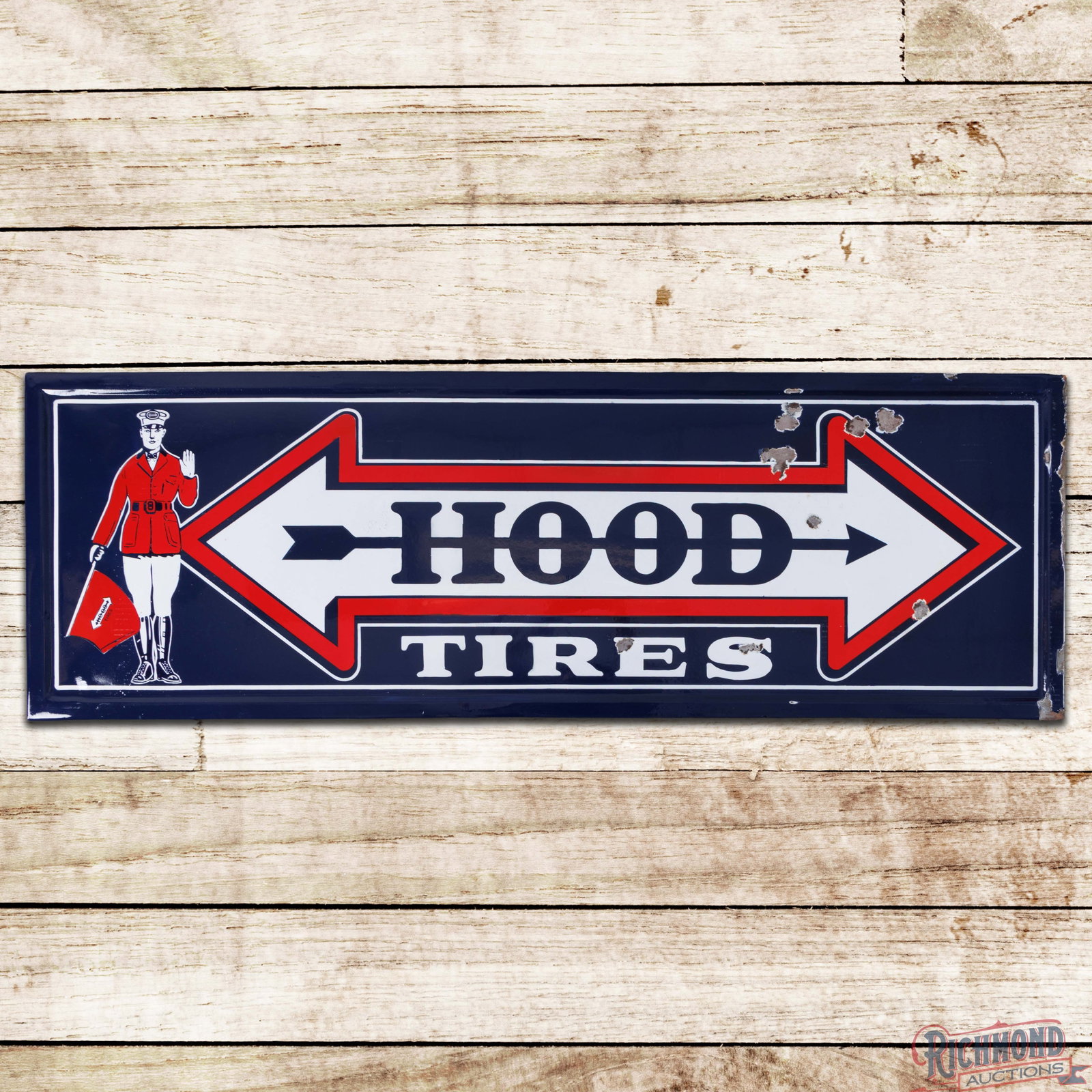 Hood Tires 5' Single Sided Porcelain Sign w/ Arrow & Hood Man: SSP (single sided porcelain) self-framed sign has excellent color. The display has chips in the right fields with areas of professional restoration and an added clear coat to enhance the finish. The p