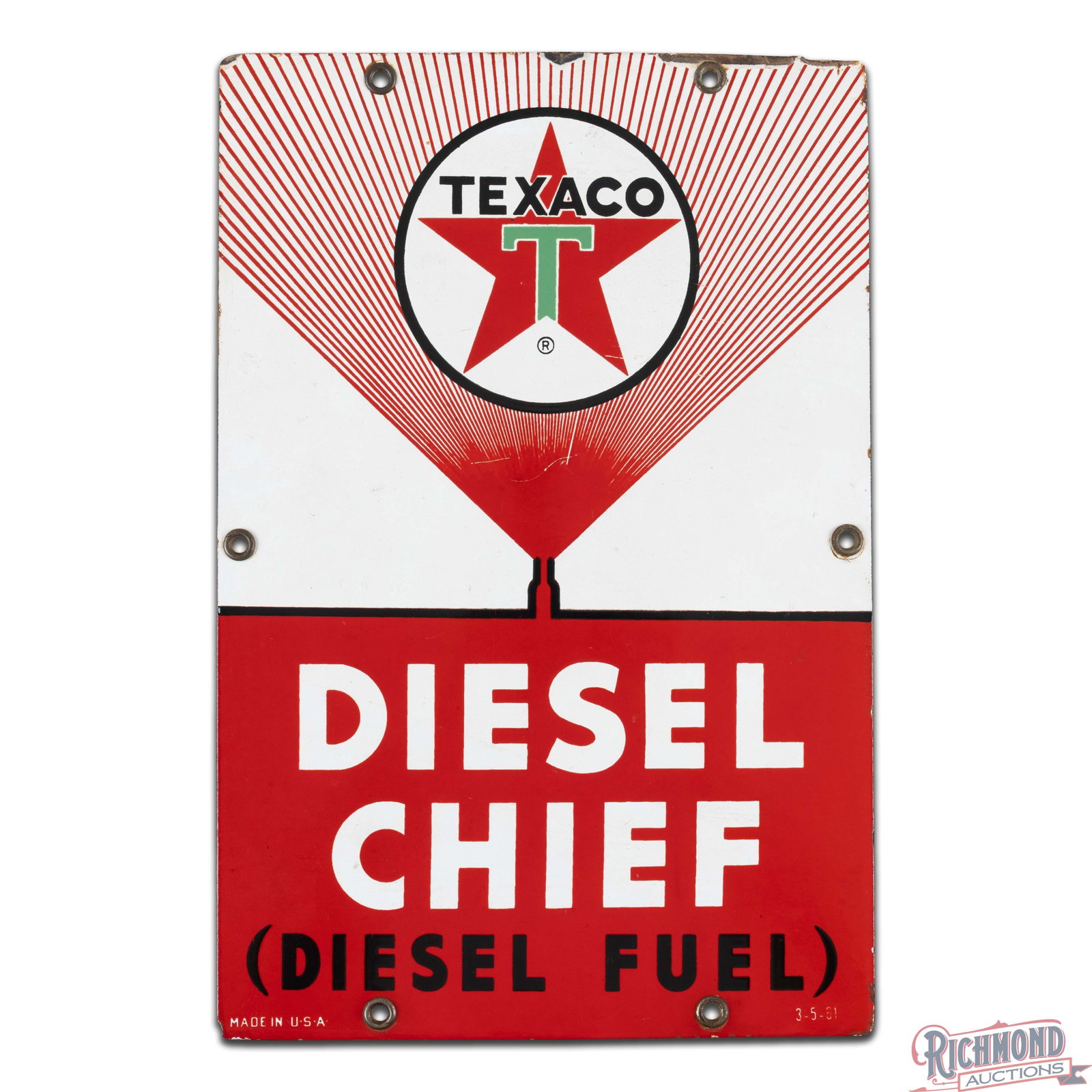 Rare Texaco Diesel Chief Single Sided Porcelain Pump Plate Sign "Small" - 2