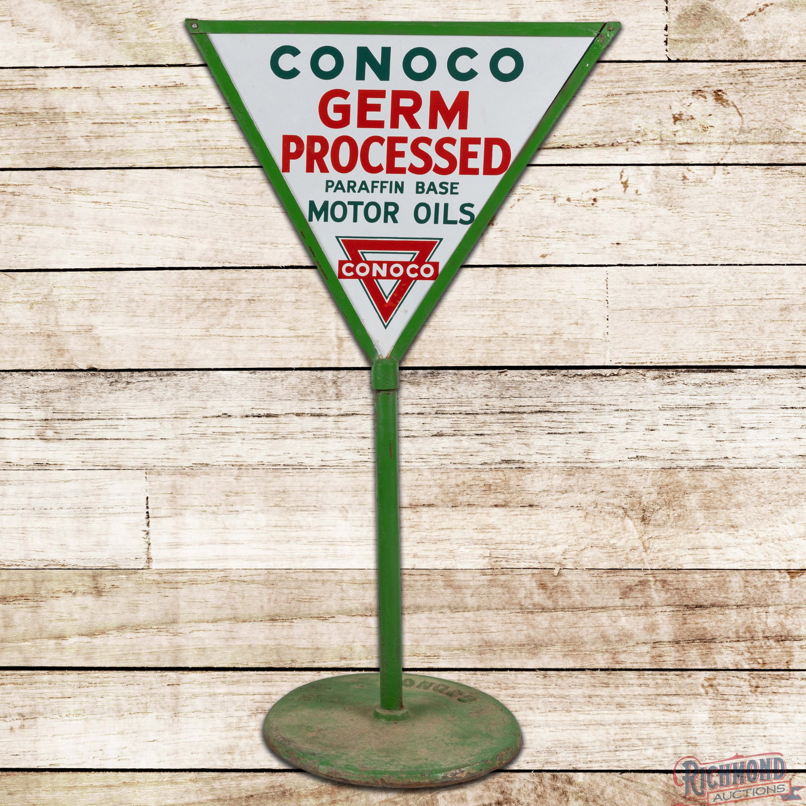 Conoco Germ Processed Paraffin Base Motor Oils Double Sided Porcelain Curb Sign w/ Logo (1 of 3)