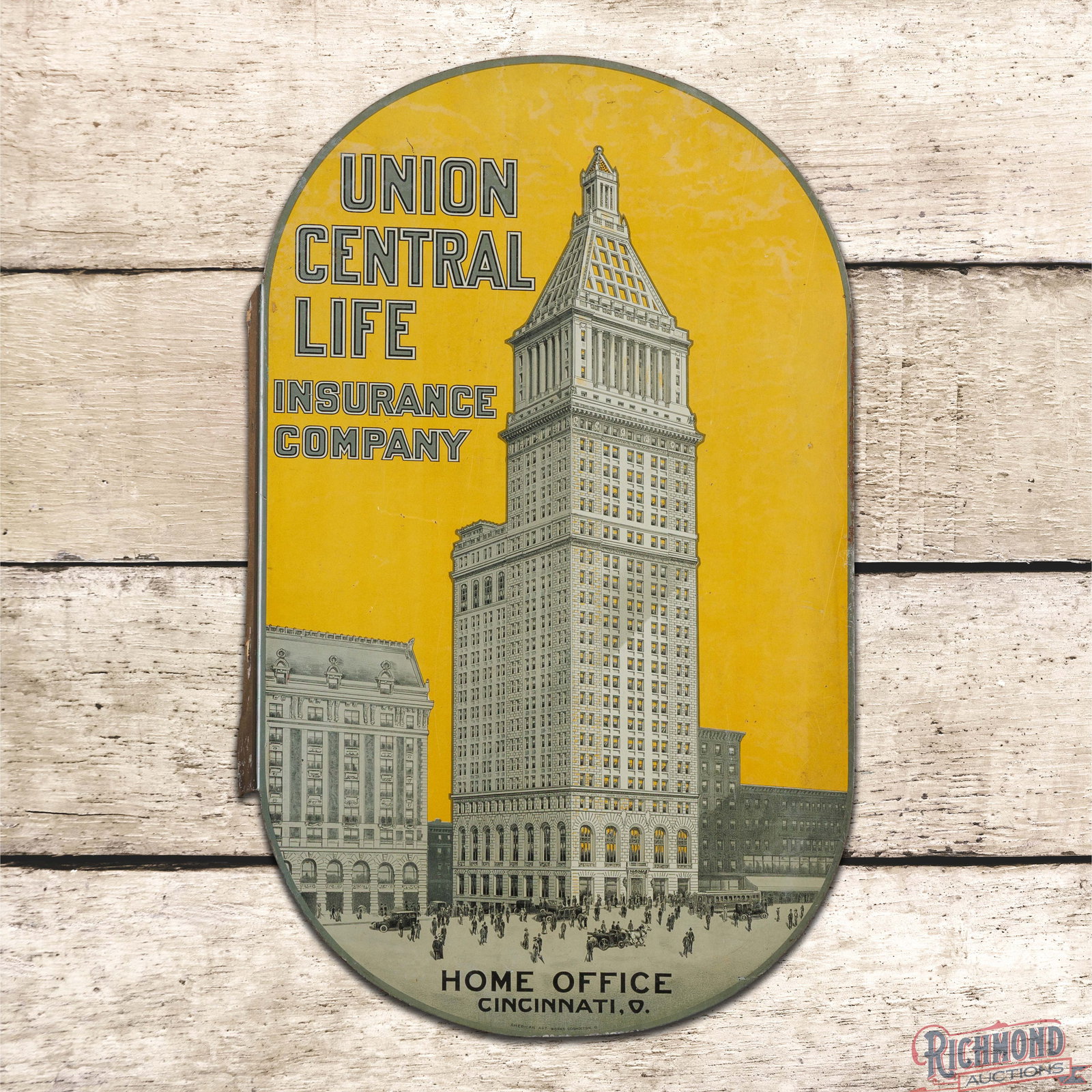 Early Union Central Life Insurance Co. Double Sided Tin Flange Sign Cincinnati Ohio w/ "City Scene" (1 of 4)