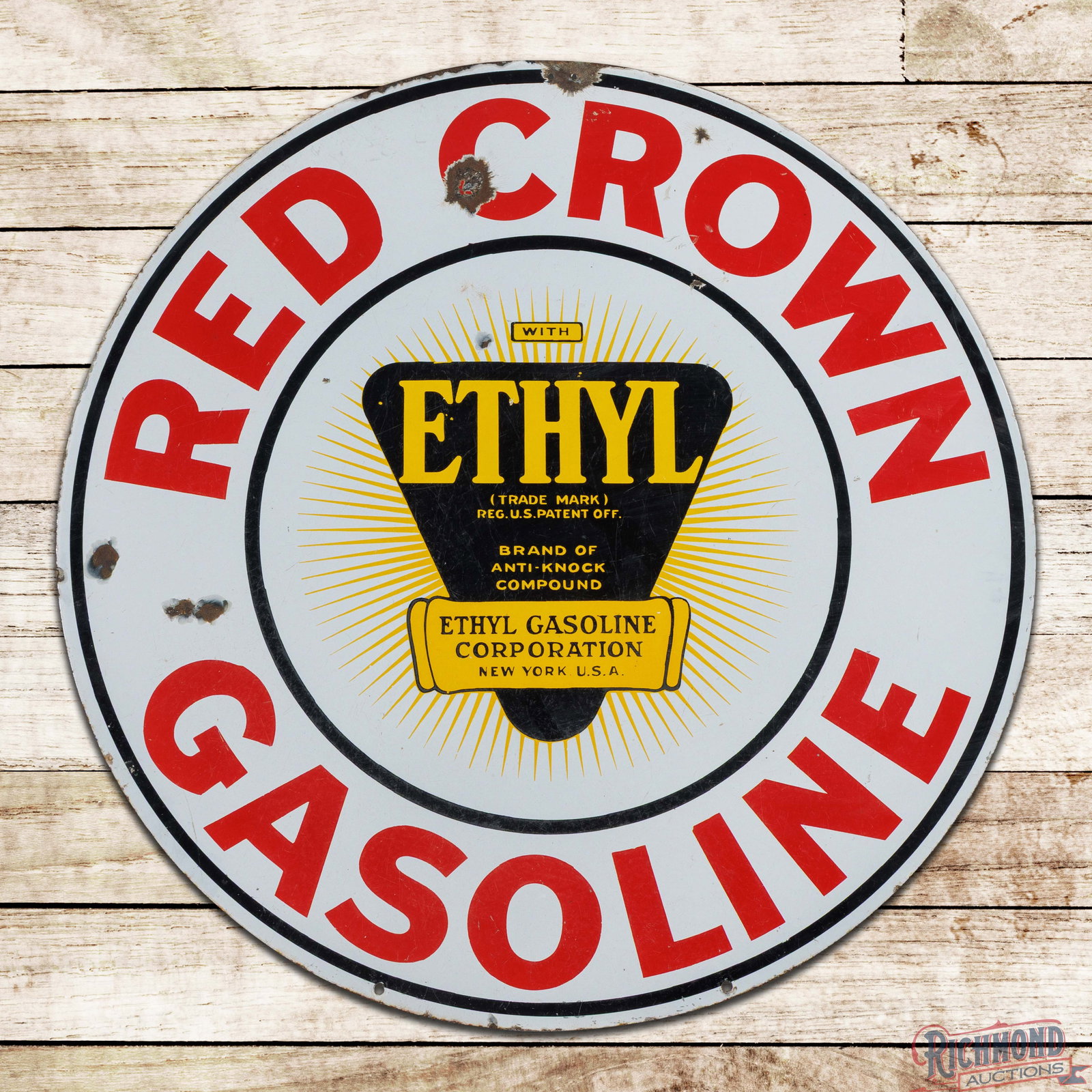 Red Crown Ethyl Gasoline 30" Double Sided Porcelain Sign w/ Logo (1 of 3)