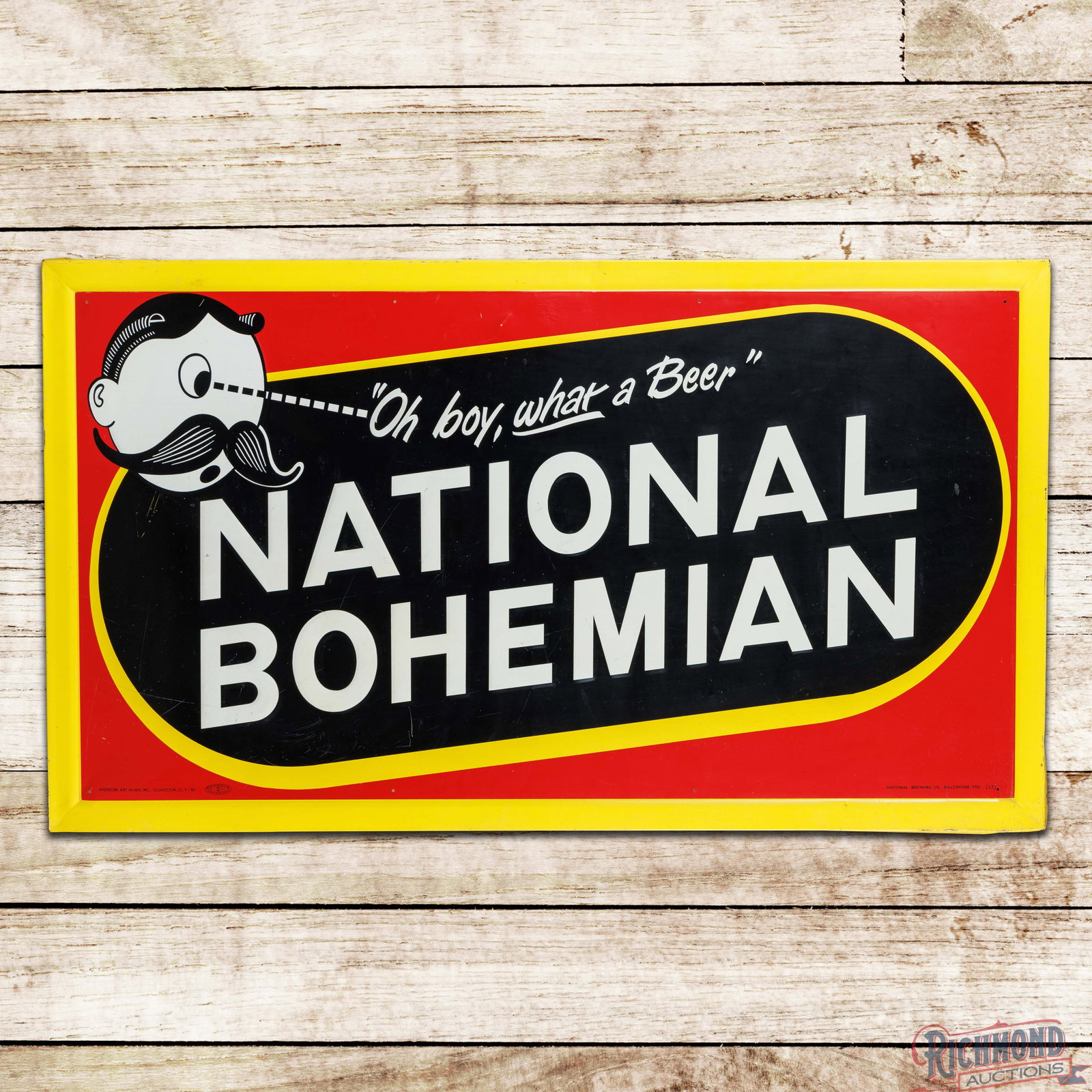 1951 National Bohemian "Oh Boy What a Beer" Emb. Single Sided Tin Sign w/ Mascot (1 of 3)
