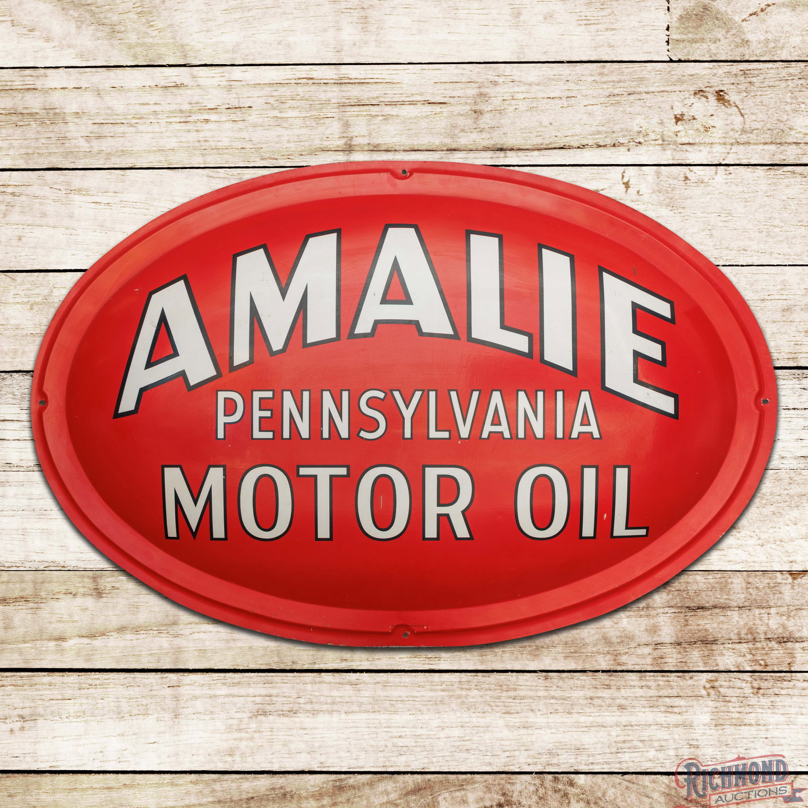 1955 Amalie Pennsylvania Motor Oil Single Sided Tin Bubble Sign: SST (single sided tin) convex bubble sign has excellent color and shine. The display has light wear with small paint chips and smaller scratches in the outer fields. The perimeter has small areas of o