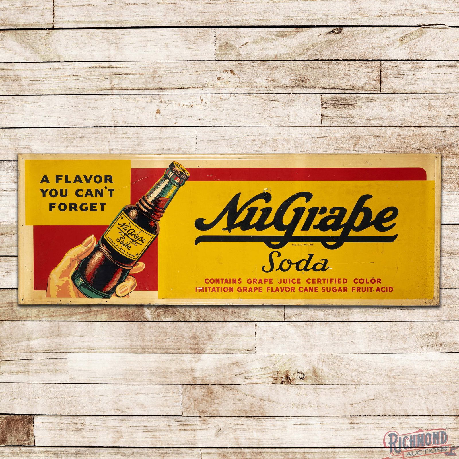 Large Nugrape A Flavor You Can't Forget Single Sided Tin Sign w/ Bottle: This large Nugrape painted metal sign was manufactured by the Stout Sign company in St Louis Missouri. The original factory stamping can still be seen on the back. The sign has scratches in the field,
