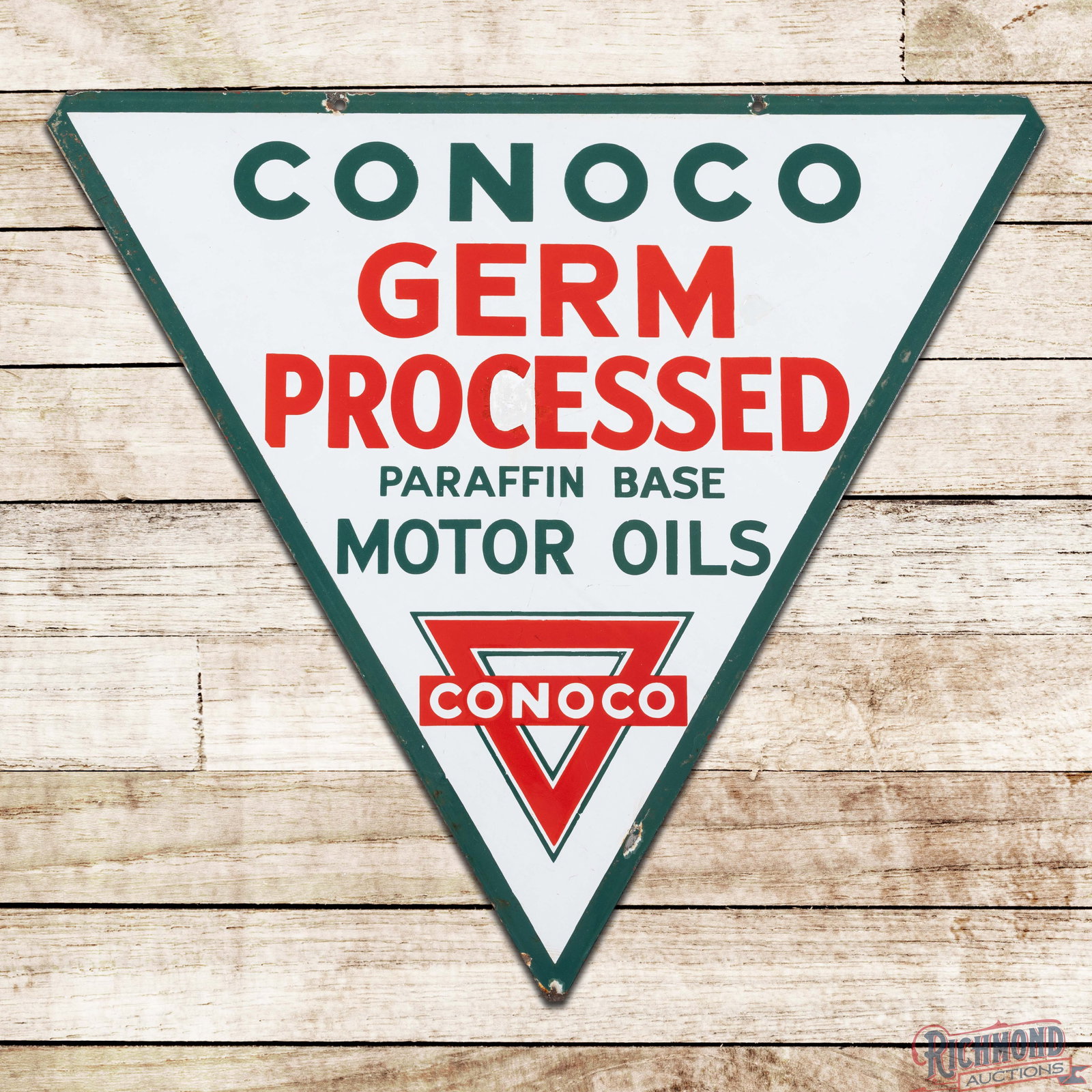 Conoco Germ Processed Motor Oils Die Cut Double Sided Porcelain Sign w/ Logo: DSP (double sided porcelain) die cut sign has excellent color and gloss. Side #1 is very clean overall with a small bruise in the field, light wear in the outer fields and small chips along the outer 