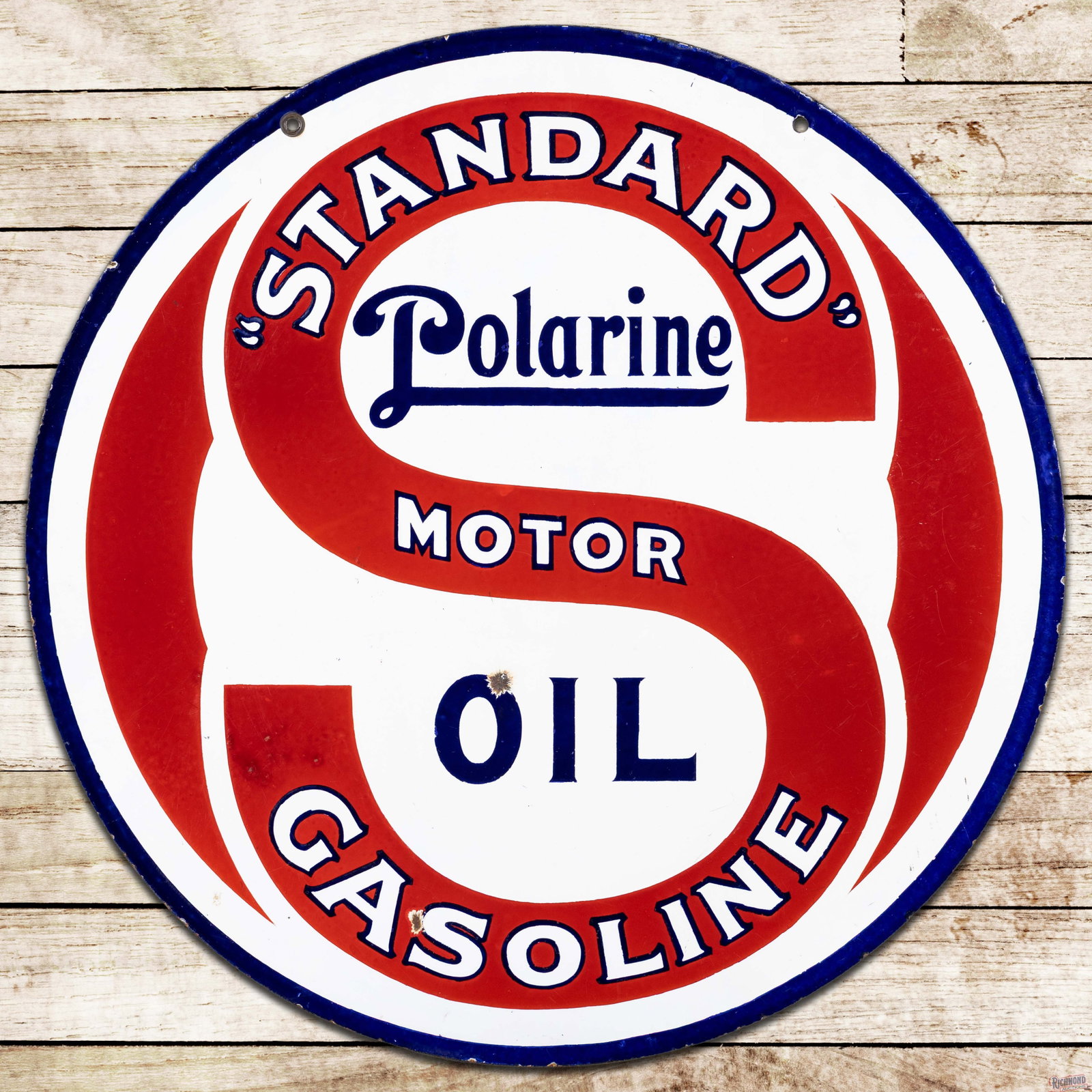 Standard Polarine Motor Oil Gasoline 30" Double Sided Porcelain Sign: DSP (double sided porcelain) sign has very good color and gloss. Side #1 has light surface wear with two chips in the lower field and an area of discoloration in the lower left field. The perimeter ha