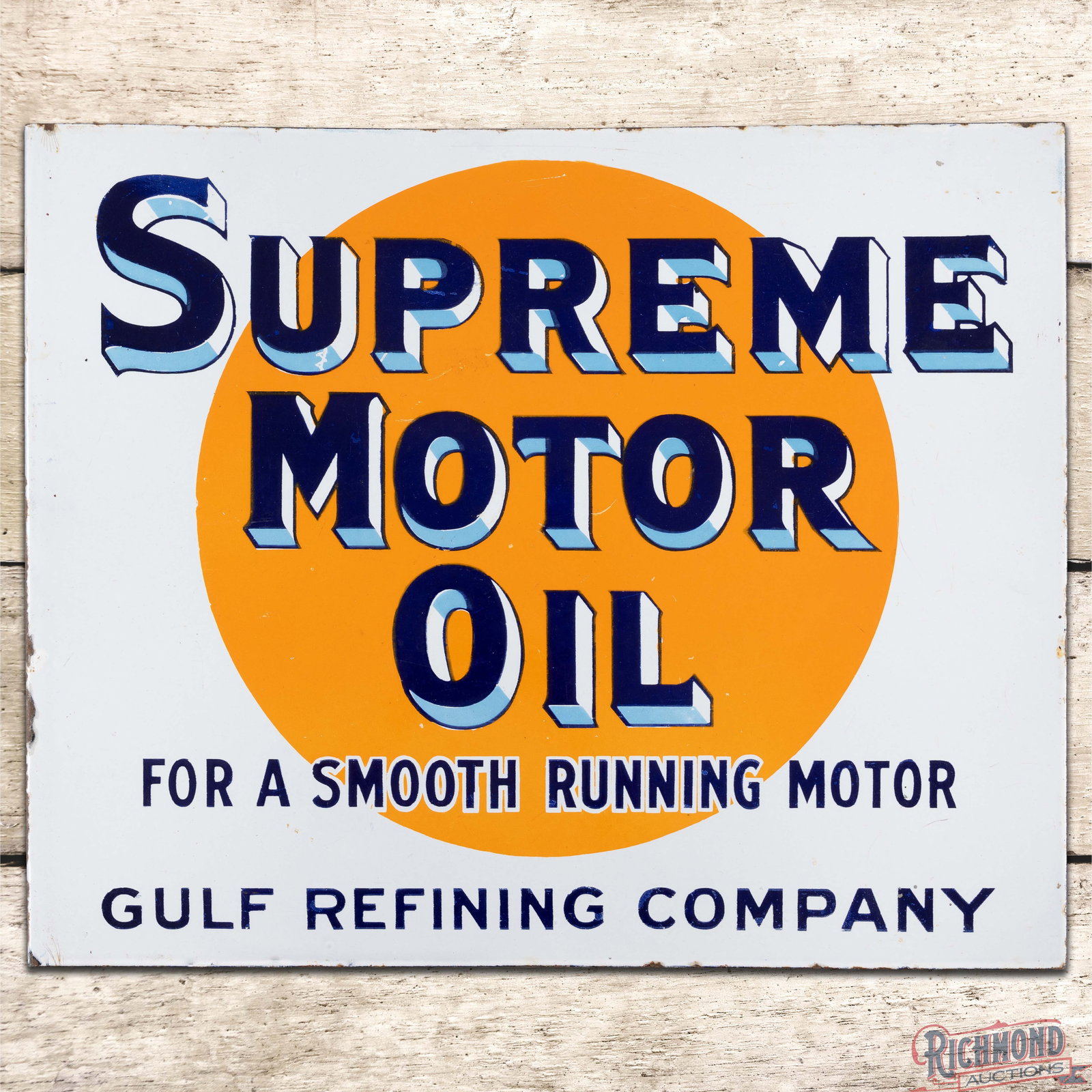 Gulf Supreme Motor Oil "For a Smooth Running Motor" Double Sided Porcelain Flange Sign: DSP (double sided porcelain) flange has excellent color and gloss. The display has light wear with a tiny chip in the field. The perimeter has small chips and minor crazing along the edges. The revers