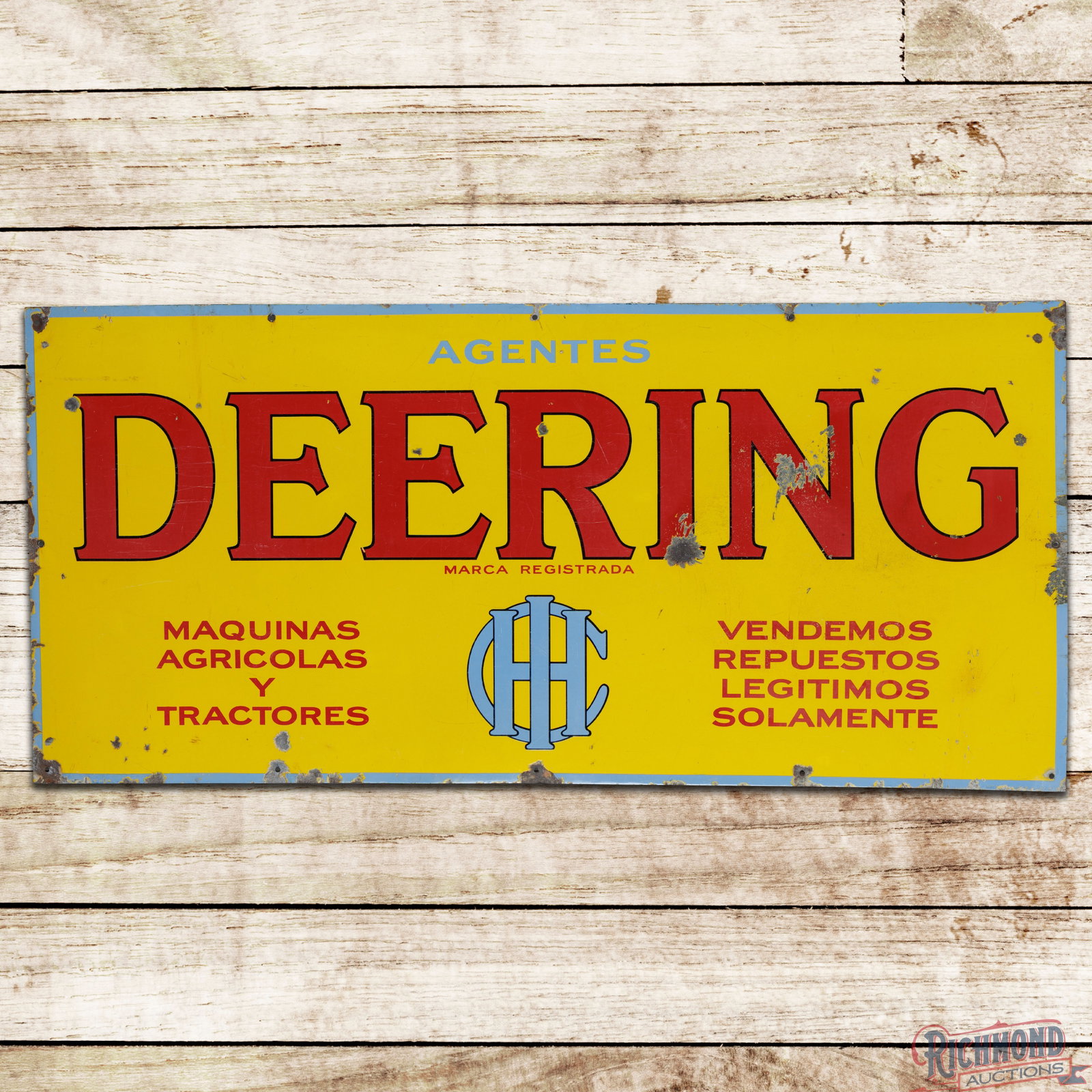 Agentes Deering IHC Tractors 5' Single Sided Porcelain Sign w/ International Harvester Logo: SSP (single sided porcelain) sign has good color and gloss. The display has chips with crazing and surface wear. The perimeter has additional chips with two tiny non-factory holes on the upper right e