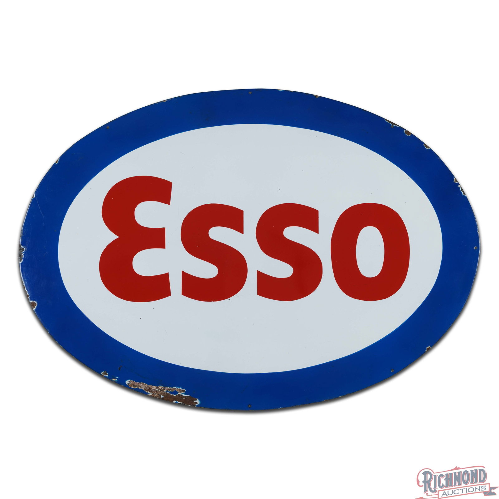 Esso Gasoline Motor Oils 45" Single Sided Porcelain Logo Sign: SSP (single sided porcelain) sign has excellent color and gloss. The field is very clean overall with minor surface imperfections. The perimeter has small chips along the edges and a larger chip on th