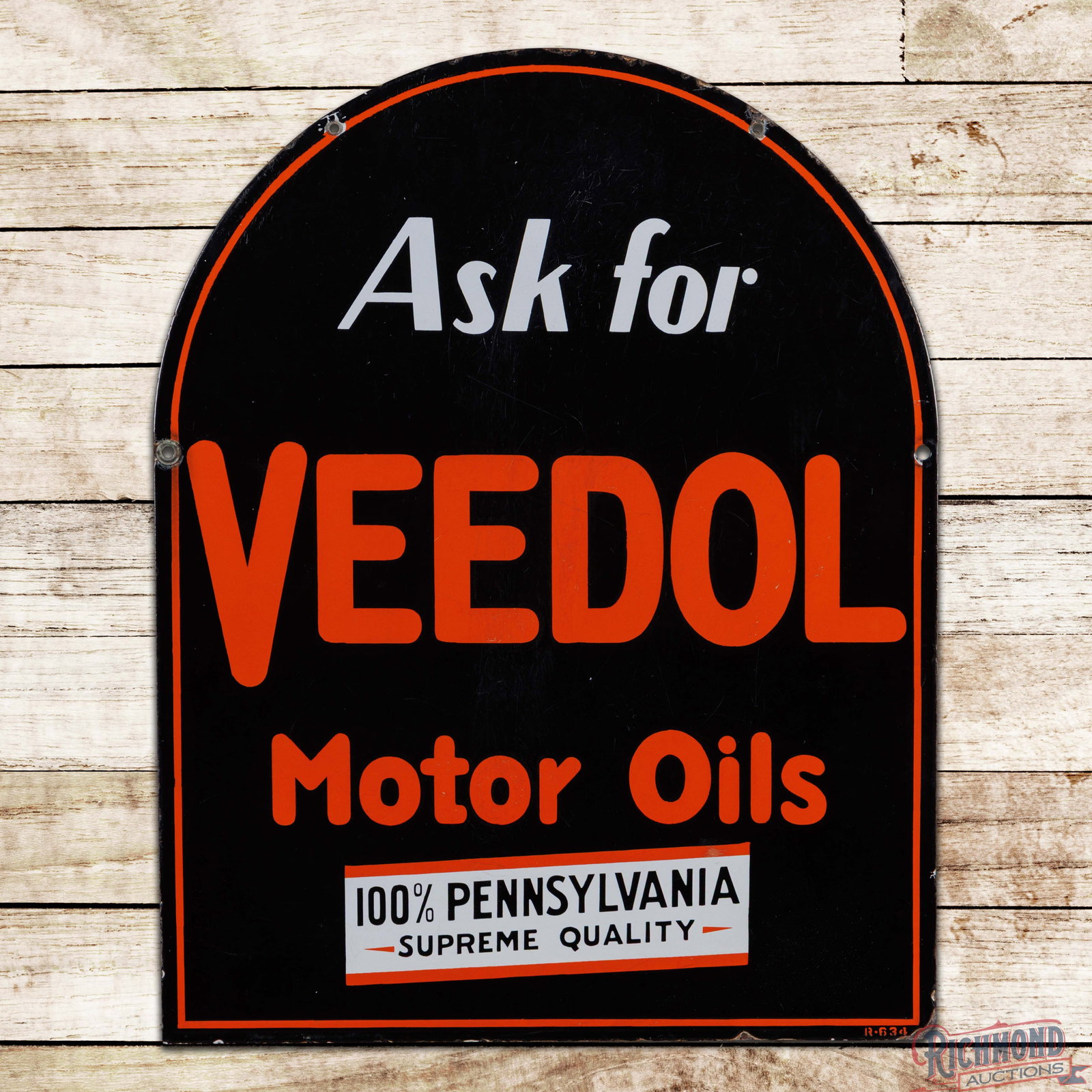 Ask for Veedol Motor Oils 28" Double Sided Porcelain Tombstone Sign: DSP (double sided porcelain) tombstone sign has very good color and gloss. Side #1 has light wear with fine scratches and a chip above the "V" in the left field. The perimeter has small edge chips wit