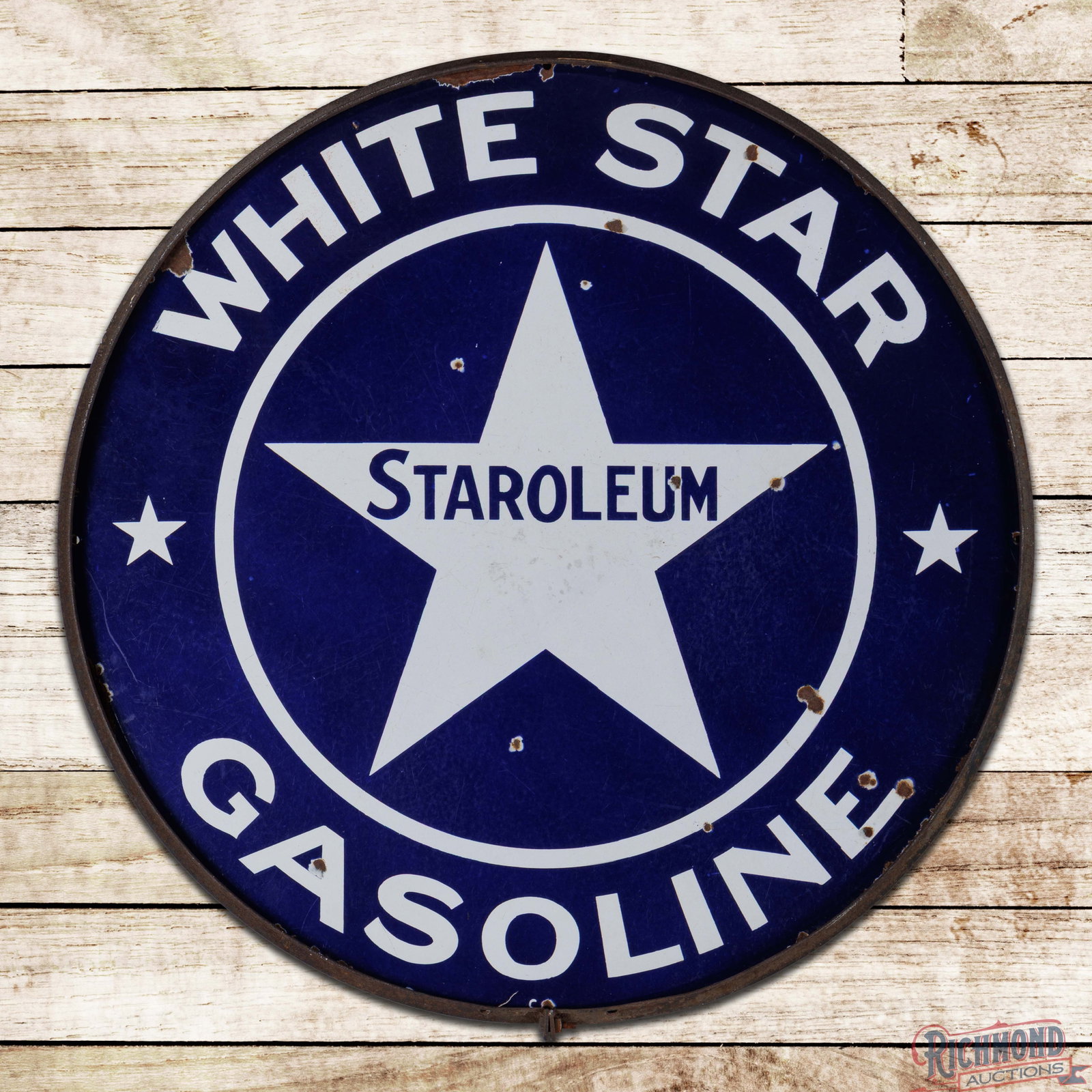 White Star Gasoline "Staroleum" 30" Double Sided Porcelain Sign w/ Ring: DSP (double sided porcelain) sign with ring has good color and gloss. Side #1 has small chips with surface wear, slight discoloration and cloudiness to the blue porcelain enamel. The perimeter has chi