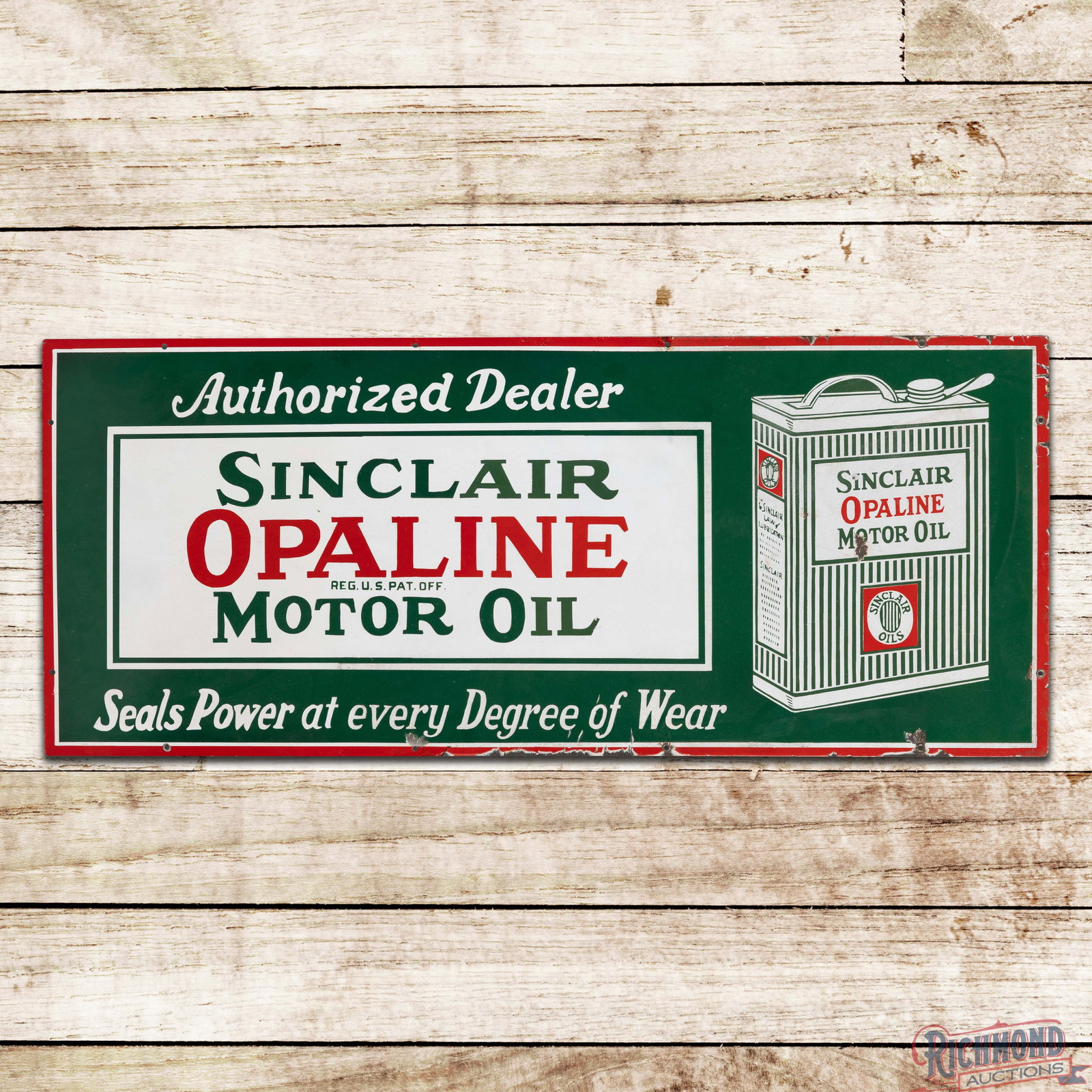 Sinclair Opaline Motor Oil 4' Single Sided Porcelain Sign w/ Early Gallon Oil Can: SSP (single sided porcelain) sign has very good color and gloss. The sign has areas of surface wear with small chips and discoloration in the right fields and the "Every Degree of Wear" lettering alon