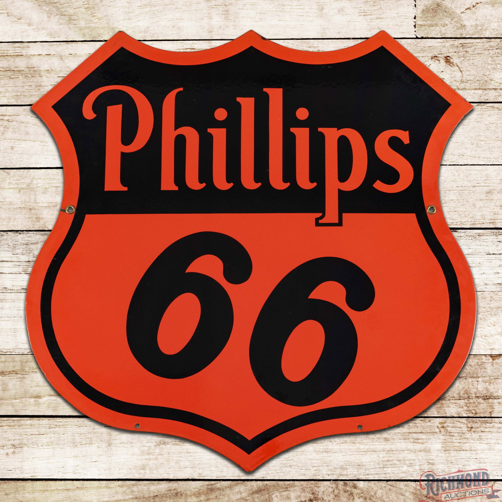 Phillips 66 Gasoline Motor Oils 30" Double Sided Porcelain Sign: DSP (double sided porcelain) die cut sign has excellent color and gloss. Side #1 has a clean field with small chips along the edges. The reverse has faint paper marks with light surface wear. Both fac