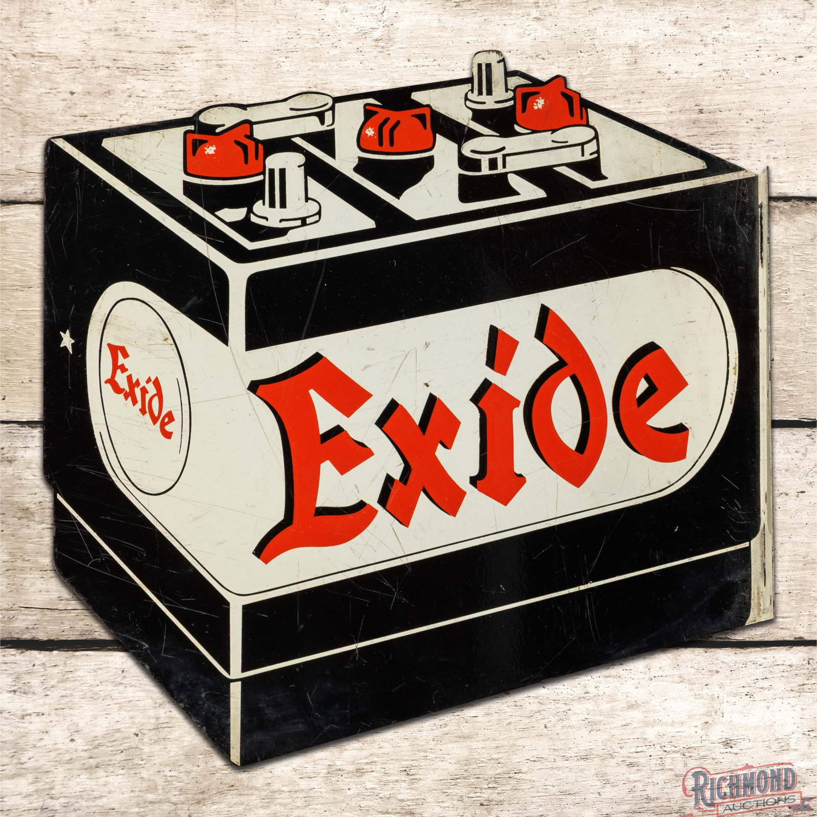 1957 Exide Batteries Double Sided Tin Die Cut Flange Sign: DST (double sided tin) die cut flange has very good color and shine. Side #1 has fine scratches with surface marks and minor wear along the outer edges. The reverse is in a similar condition with addi