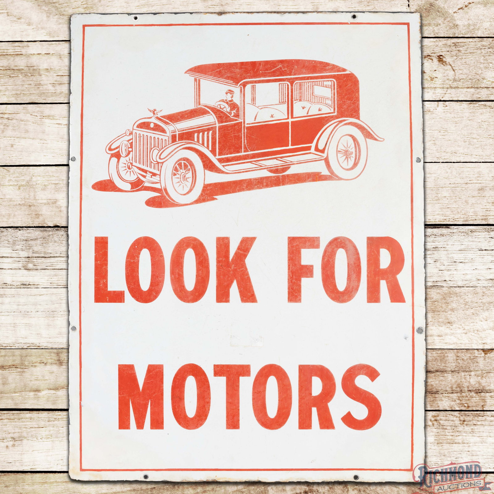 Early Look For Motors Single Sided Porcelain Sign w/ Limousine Automobile: SSP (single sided porcelain) sign has good color and moderate gloss. The sign features a large limousine with driver graphic in the upper field with classic red and white porcelain enamel colors. The 