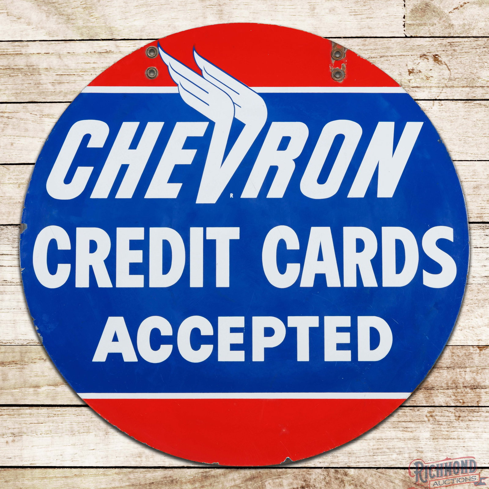 Chevron Credit Cards Accepted 33.5" Double Sided Porcelain Service Station Sign (1 of 3)