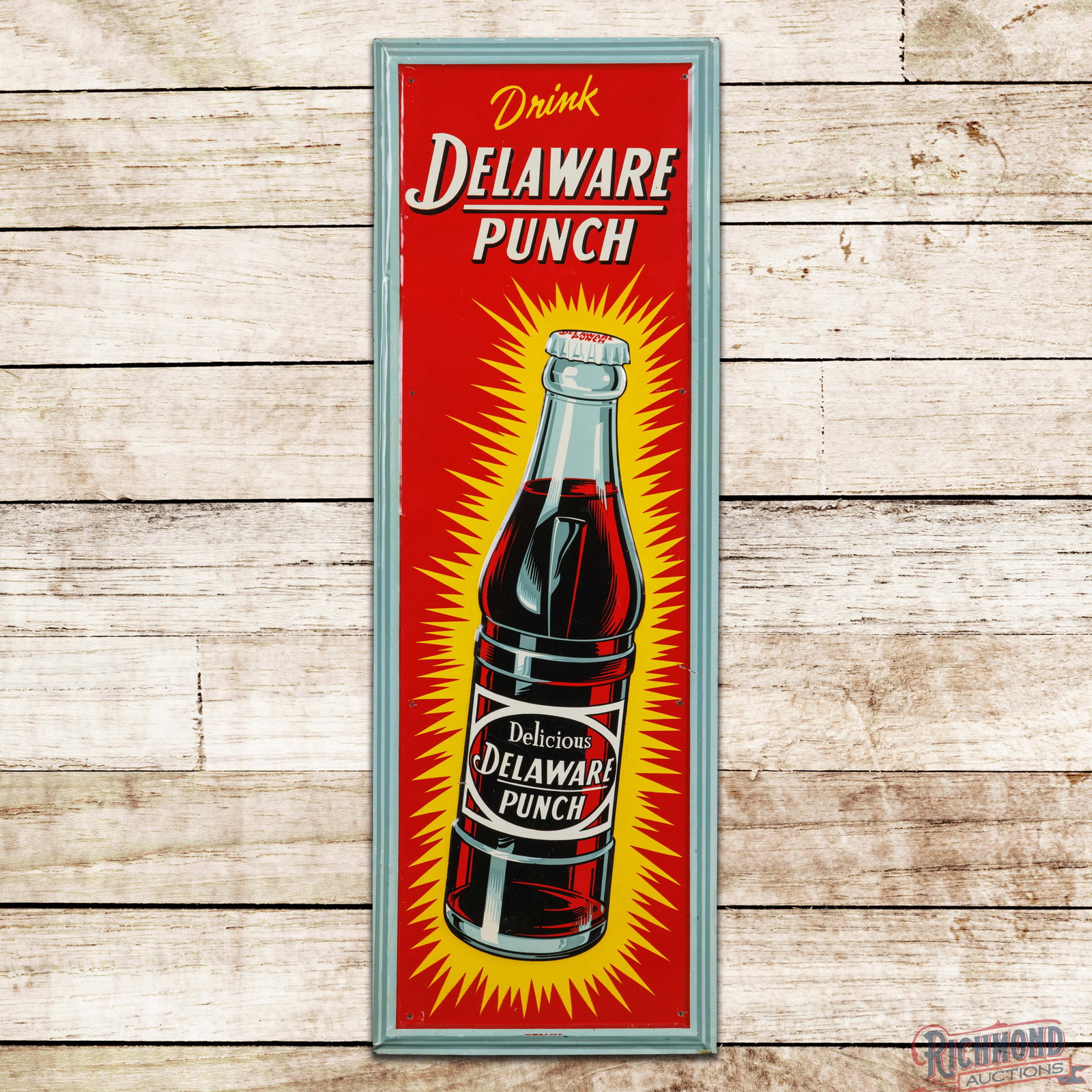 Drink Delaware Punch 39" Emb. Single Sided Tin Sign w/ Bottle: SST (single sided tin) embossed self-framed sign has excellent color and shine. The field has areas of light surface wear with a small scratch on the left side edge of the bottle. The perimeter has sc
