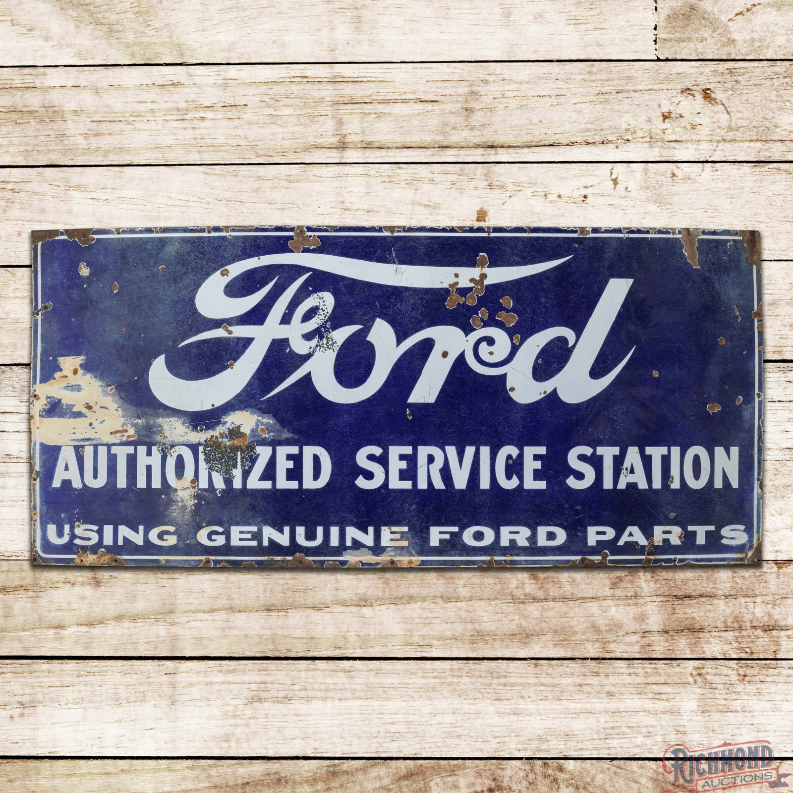 Ford Authorized Service Station "Using Genuine Ford Parts" 5' Single Sided Porcelain Sign (1 of 3)