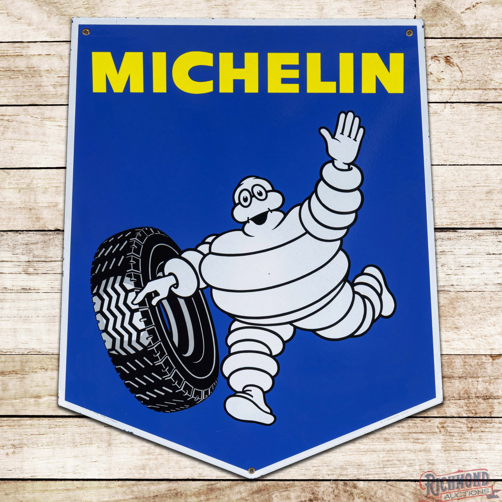 Michelin Tires 31" Double Sided Porcelain Sign w/ Bibendum & Tire: DSP (double sided porcelain) die cut sign has day one color and gloss. Side #1 has a clean field with minor marks in the outer fields. The perimeter has tiny chips along the outer edges. The reverse i