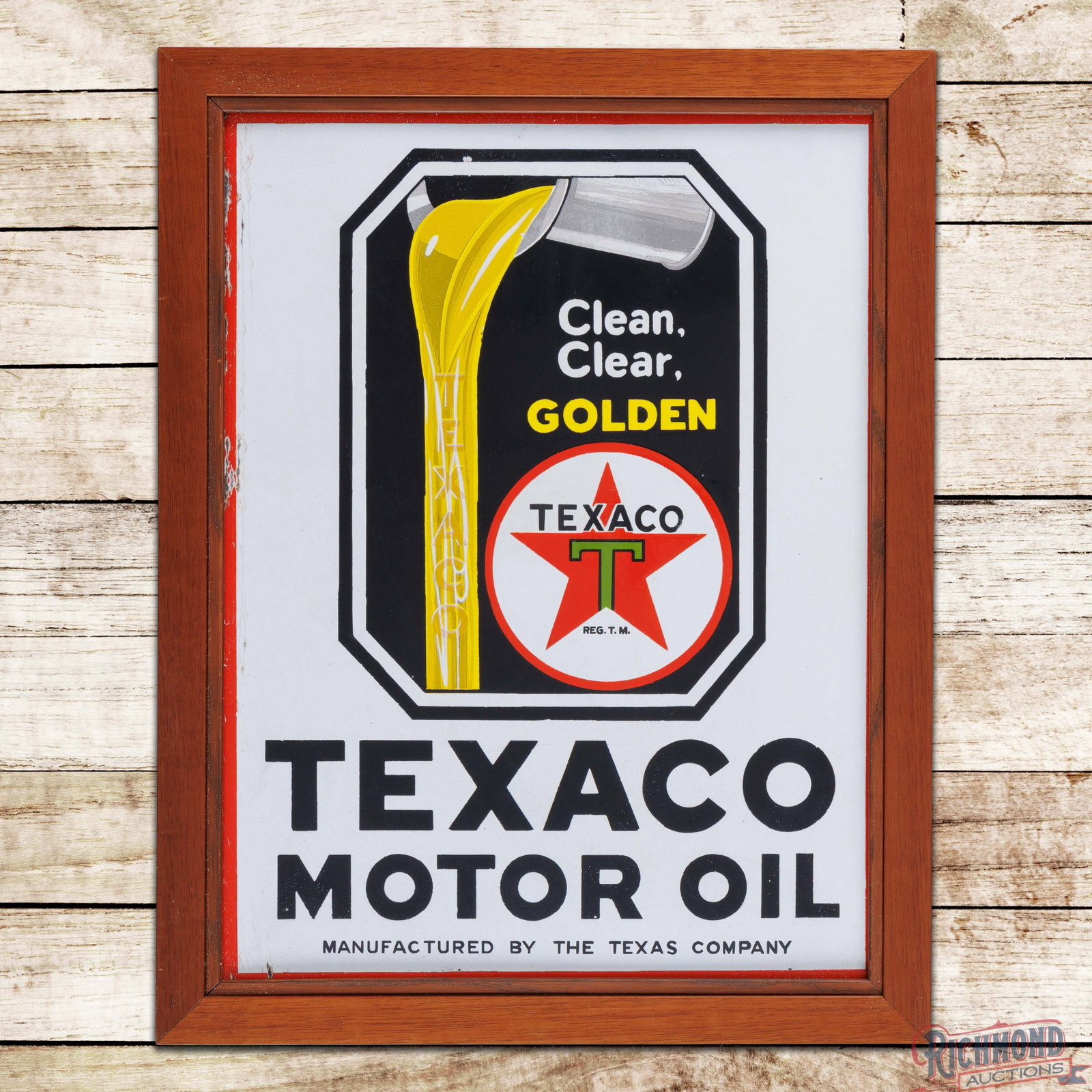 Texaco Clean Clear Golden Texaco Motor Oil Double Sided Porcelain Flange Sign: DSP (double sided porcelain) flange with an added wooden display frame has very good color and gloss. Side #1 has light wear with cloudiness and a small chip on the upper edge of the graphic. The peri