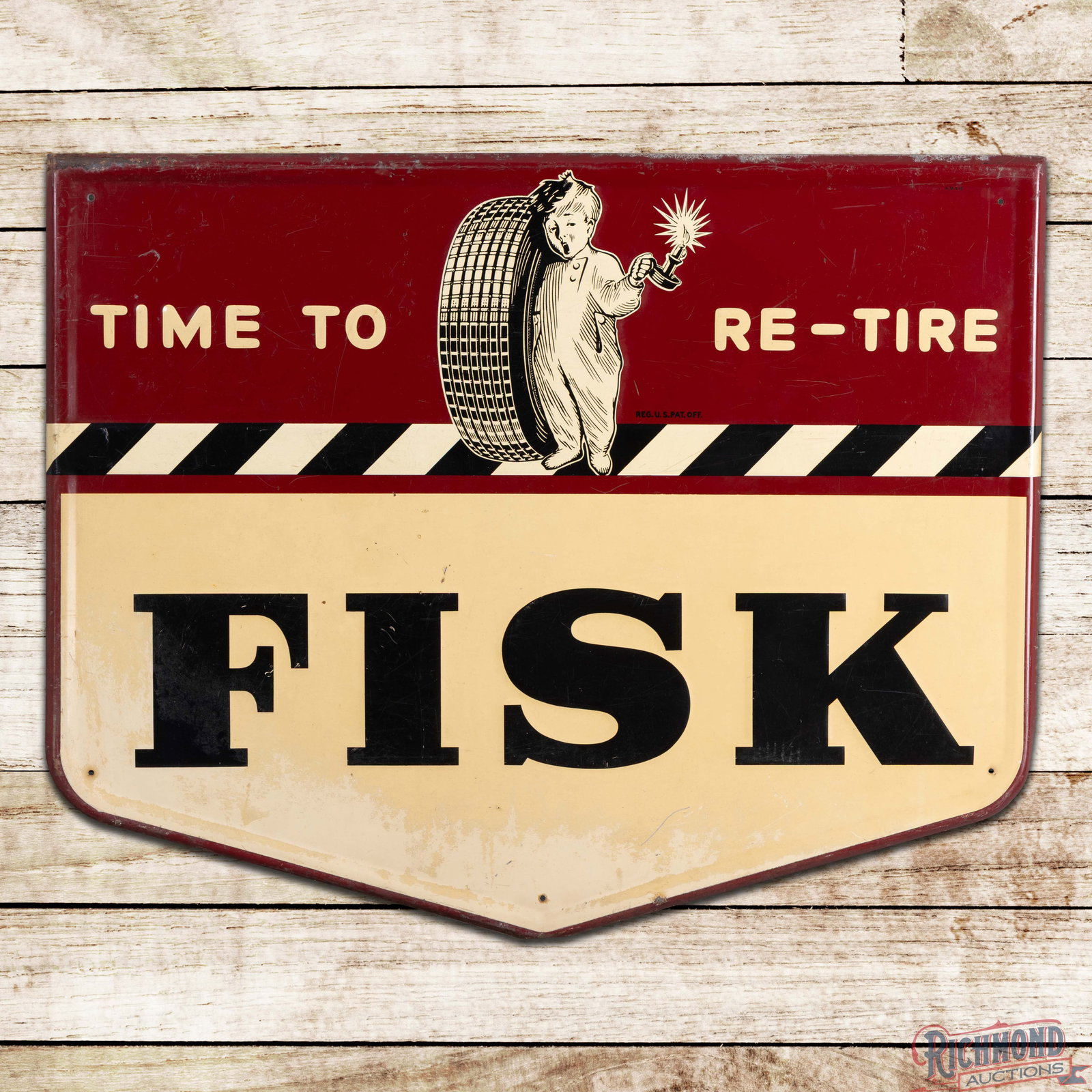 Fisk Tires Time to Re-Tire 40" Emb. Single Sided Tin Sign w/ Fisk Boy: SST (single sided tin) embossed self-framed sign has good color and shine. The field has areas of surface wear with fine scratches and paint chips. The lower outer fields and perimeter have areas of d