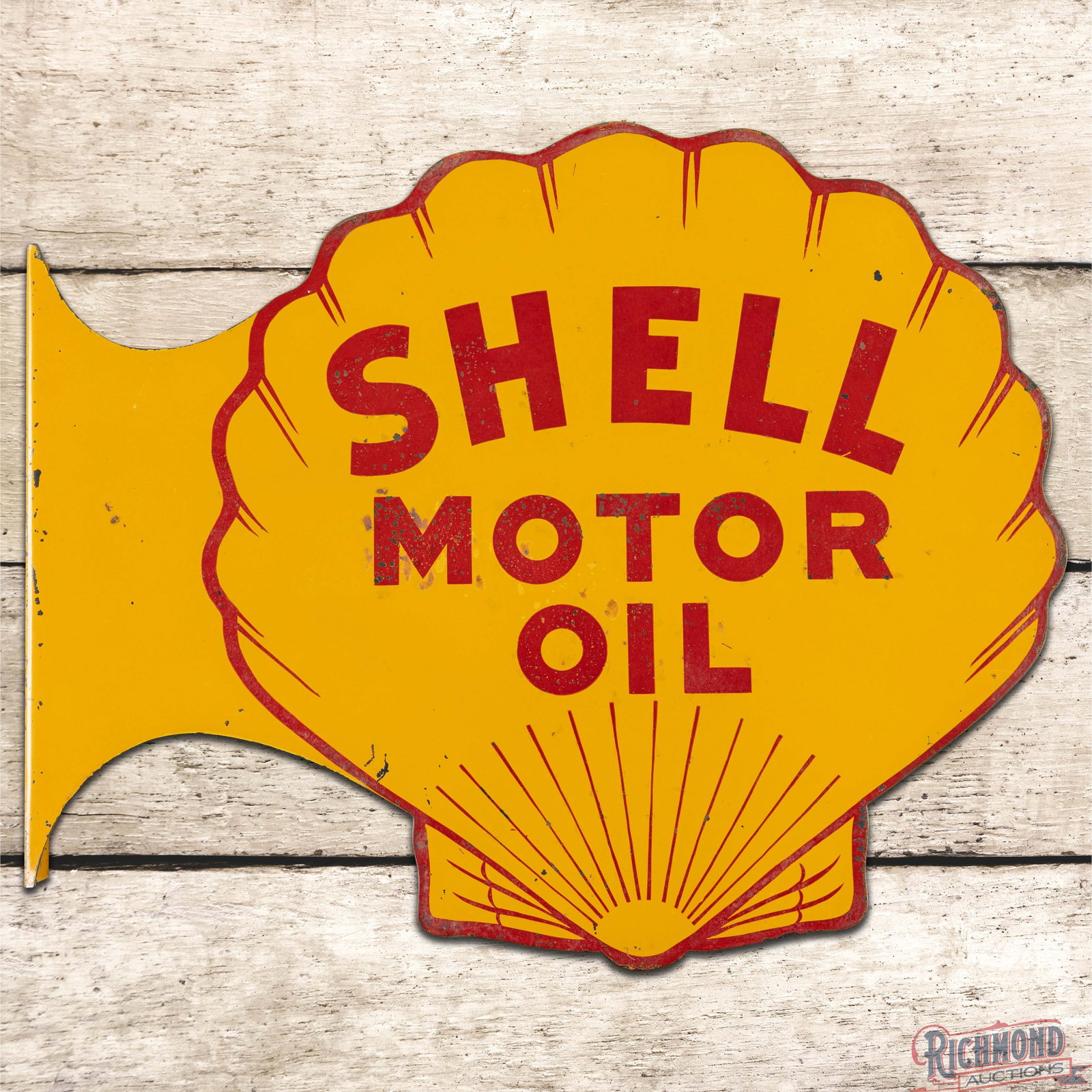 Shell Motor Oil Die Cut Double Sided Tin Flange Sign: DST (double sided tin) flange has good color and shine. The display has light wear throughout with small paint chips and spotting in the fields. The perimeter has small scratches with additional paint