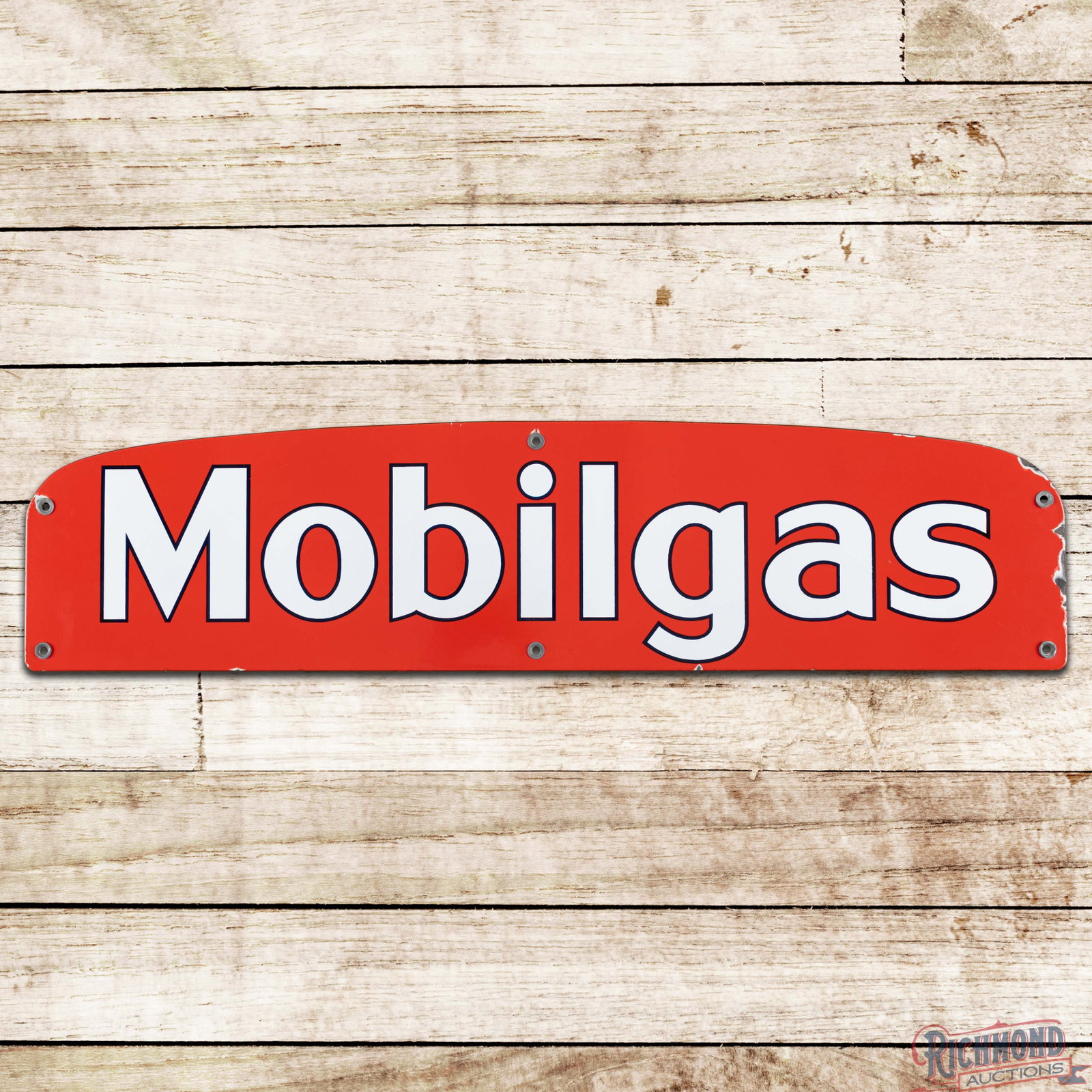 Mobilgas 38" Single Sided Porcelain Truck Valance Sign: SSP (single sided porcelain) truck valance sign has excellent color and gloss. The field is clean. The perimeter has minor chips at two mounting holes with additional chips along the outer edges. Six 