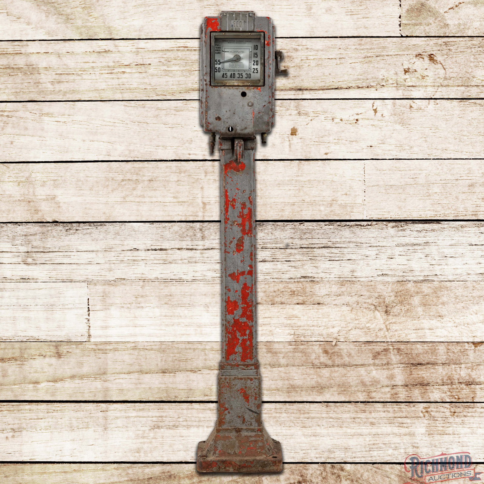 Eco Air Meter Tire Flator Model #38 w/ Stand & Base "Unrestored": Unrestored Eco Model #38 is in unrestored condition. The air meter has older silver and red paint with areas of paint loss and surface wear. The lower "Tire Meter" chrome trim is missing and the manuf