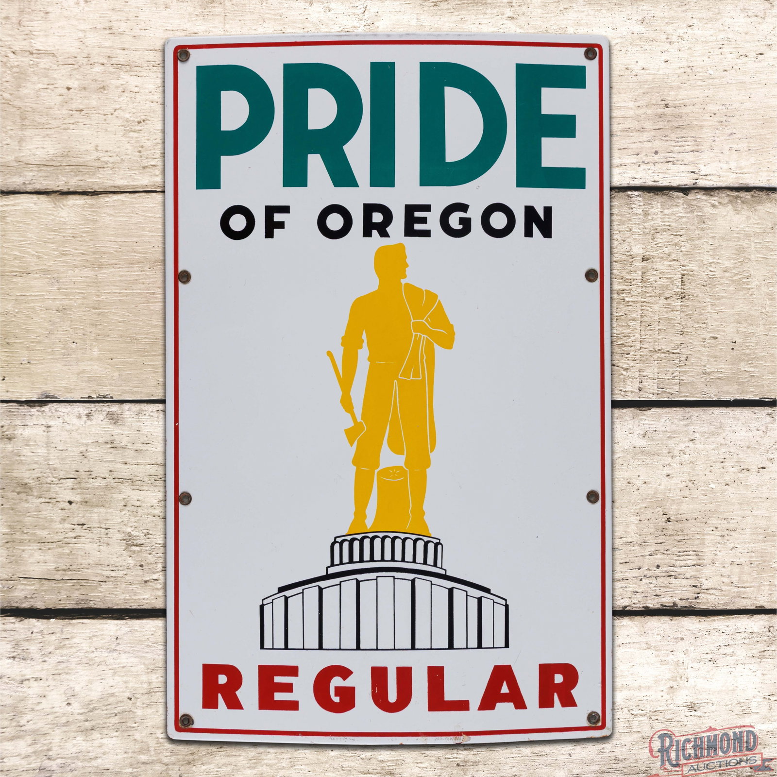 Pride of Oregon Regular Gasoline Single Sided Porcelain Pump Plate Sign (1 of 3)