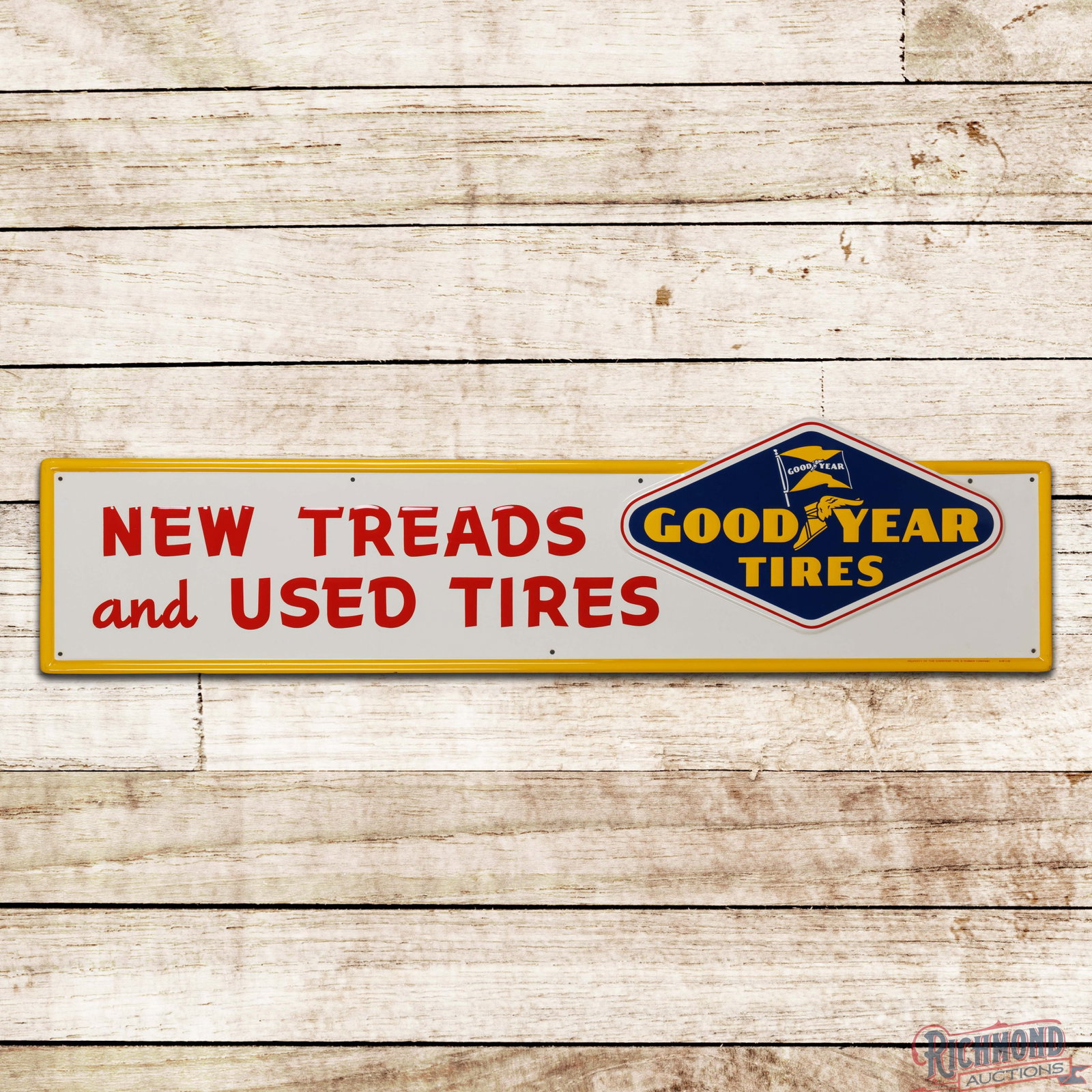 1957 Goodyear Tires New Treads and Used Tires 5' Emb. Single Sided Tin Sign w/ Logo: SST (single sided tin) embossed self-framed sign has outstanding color and shine. The fields are clean. The perimeter has light wear, tiny paint chips and minor bends along the self-framed edges. Mark