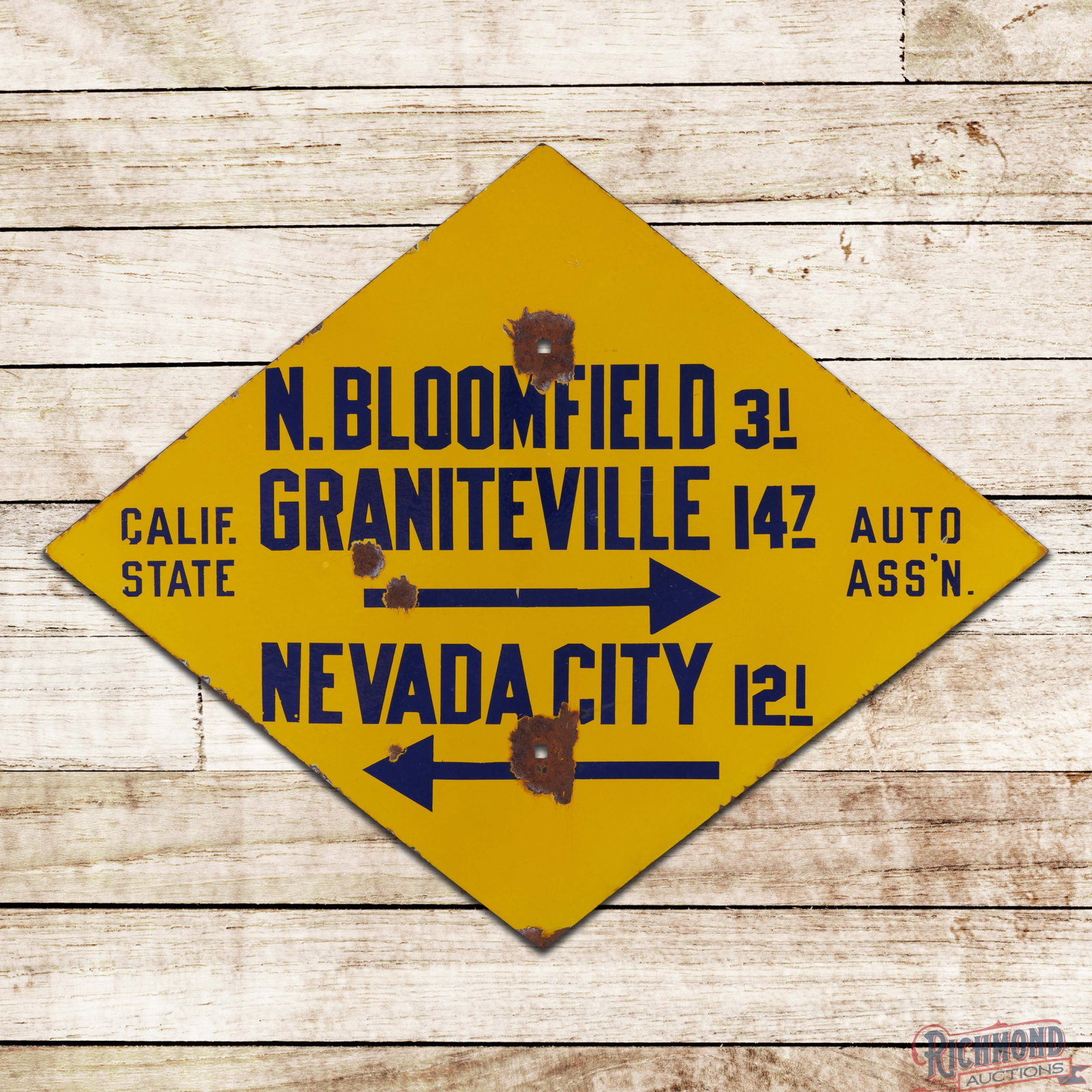 Rare California State Auto Assn. Route Marker Porcelain Sign Nevada City Graniteville N. Bloomfield (1 of 3)