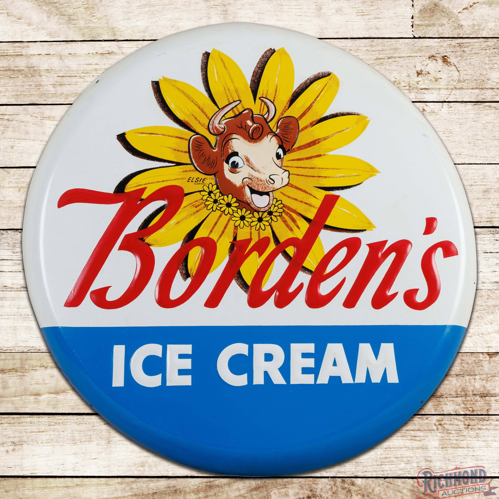 Borden's Ice Cream 37" Emb. Single Sided Tin Convex Sign w/ Elsie the Cow: SST (single sided tin) embossed convex sign has very good color and shine. The field features a detailed Elsie the Cow graphic with flour background. The display has light wear with minor marks in the
