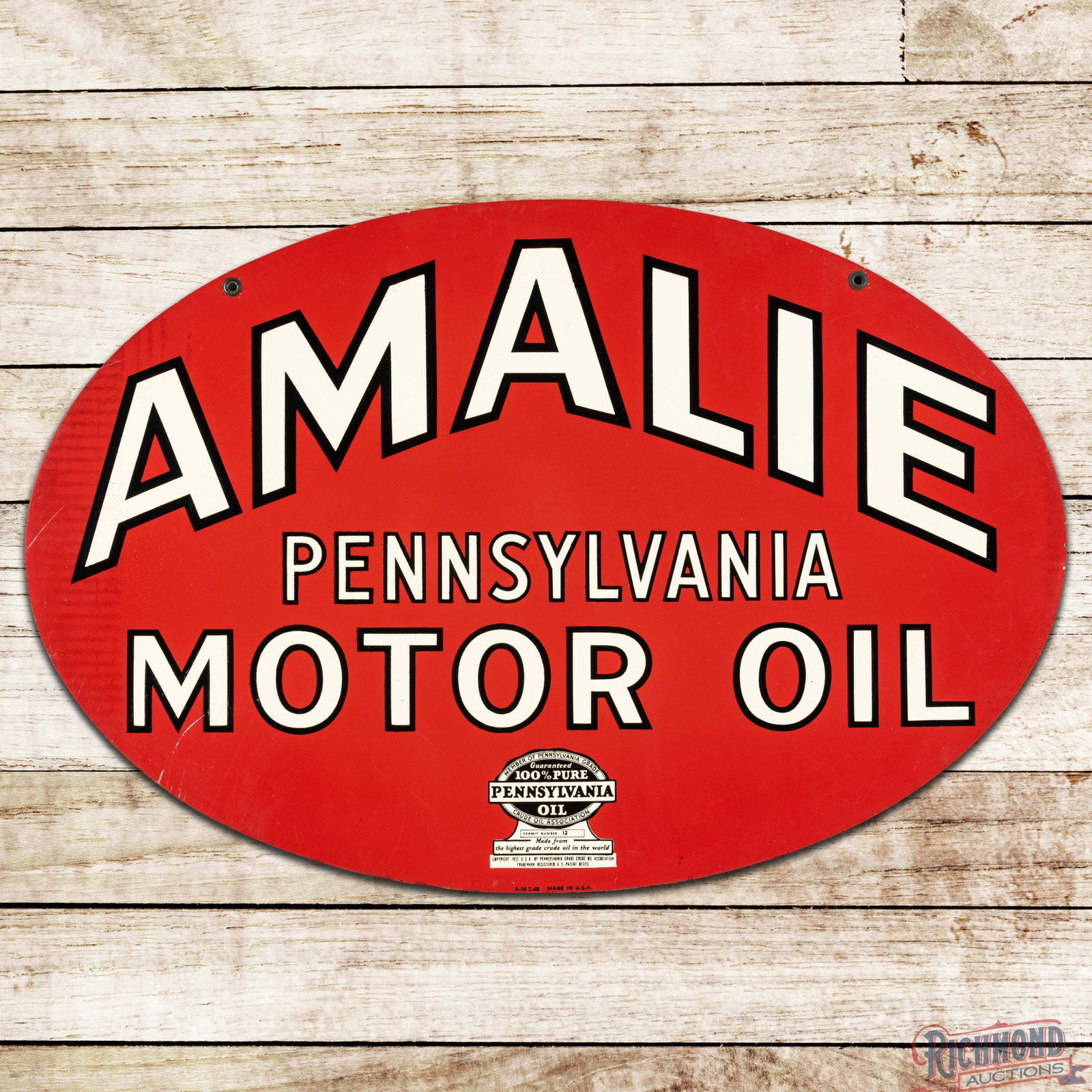 1948 Amalie 100% Pure Pennsylvania Motor Oil 30" Double Sided Tin Sign w/ Logo: DST (double sided tin) sign has excellent color and shine. Side #1 has light surface imperfections in the field with paper marks on the right and left hand sides and a scratch on the lower left edge. 