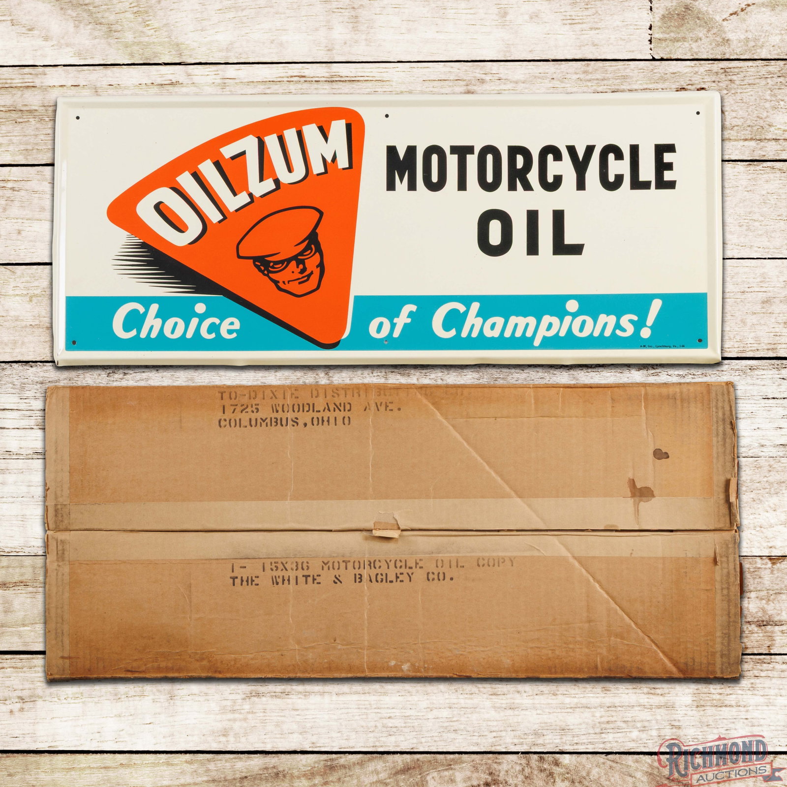 NOS 1966 Oilzum Motorcycle Oil "Choice of Champions" Single Sided Tin Sign w/ Orig. Box: Outstanding NOS (new old stock) SST (single sided tin) self-framed sign with the original box and paper has day one color and shine. The display is exceptionally clean with minor paper marks, small im