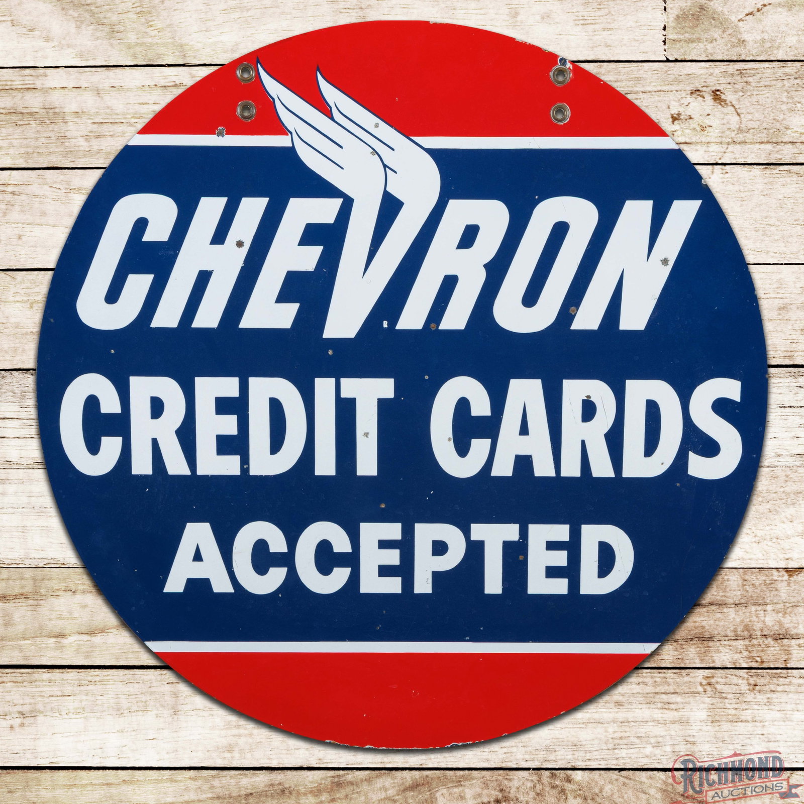 Chevron Credit Cards Accepted 33.5" Double Sided Porcelain Sign: DSP (double sided porcelain) sign has very good color and gloss. Side #1 has light wear throughout with small chips and marks in the outer fields. The reverse is in a similar condition with slightly m