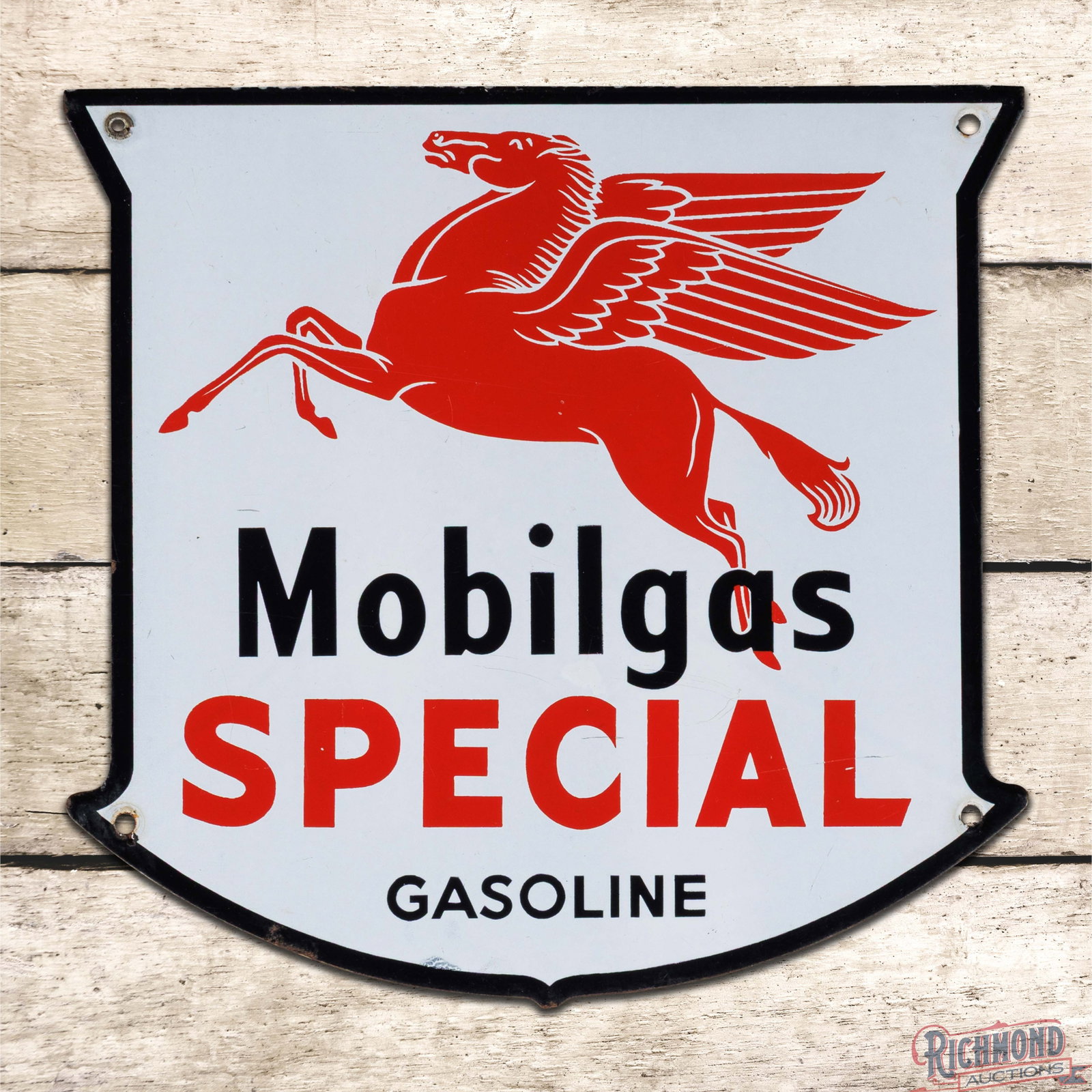 Mobilgas Special Gasoline "Drop Leg" Single Sided Porcelain Pump Plate Sign w/ Pegasus: SSP (single sided porcelain) die cut pump plate sign has excellent color and gloss. The display has light wear with fine scratches and an eraser sized area of lower gloss in the front of the Pegasus g