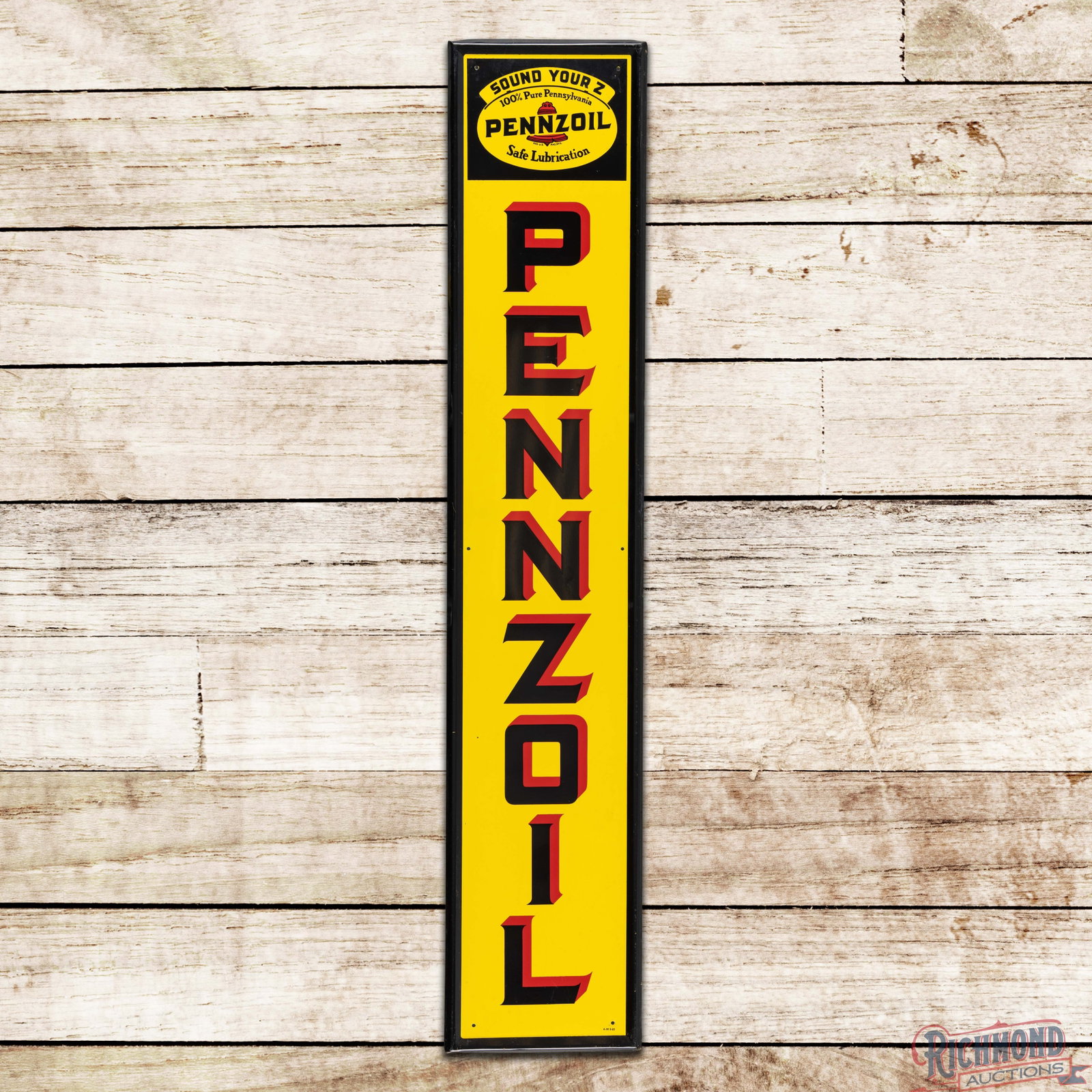 1960 Pennzoil "Sound Your Z" 5' Emb. Single Sided Tin Sign w/ Logo: SST (single sided tin) self-framed sign has excellent color and shine. The field is very clean overall with small fine scratches in the "E" and a tiny paint chip in the lower left outer field. The per