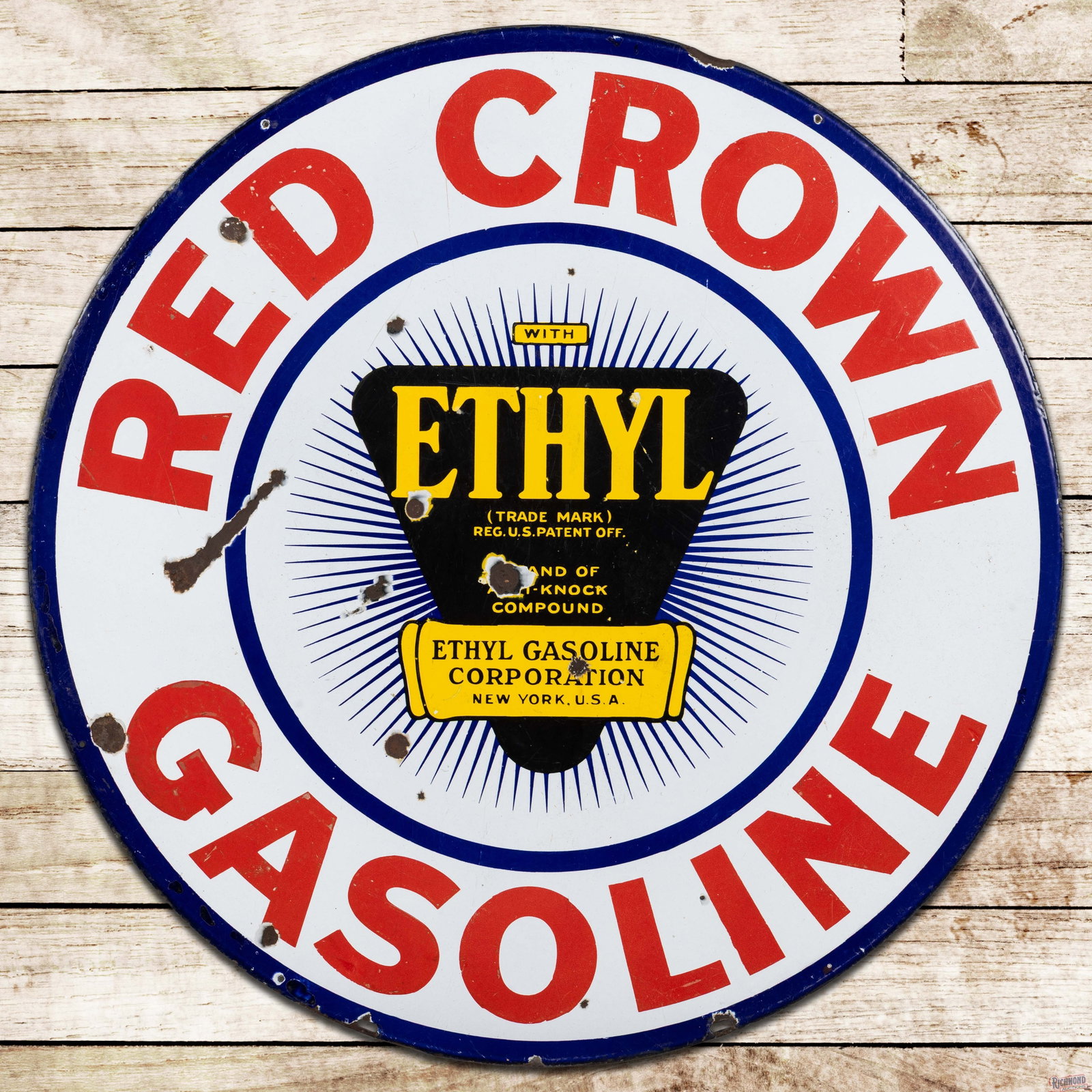 Red Crown Ethyl Gasoline 30" Double Sided Porcelain Sign w/ Logo: DSP (double sided porcelain) sign has good color and gloss. The display has chips in the fields with areas of surface wear and slight discoloration in the outer "Red Crown Gasoline" lettering. The per