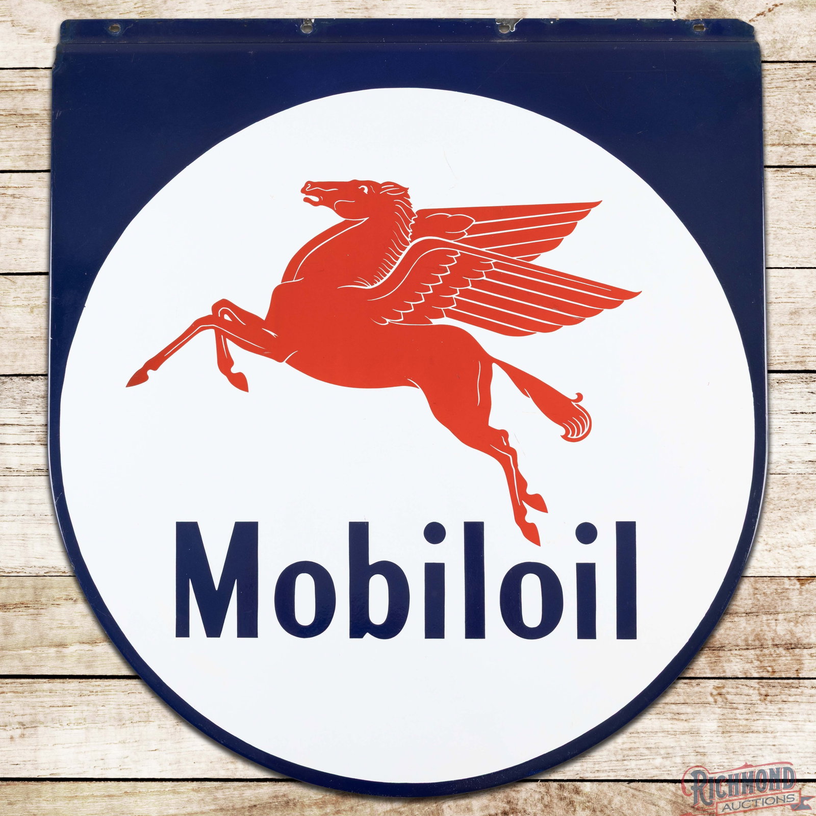 Mobiloil 31" Single Sided Porcelain Service Station Sign w/ Pegasus: SSP (single sided porcelain) rolled-edge sign has excellent color and gloss. The field is very clean overall with marks and minor imperfections. The perimeter has small chips at the upper mounting hol