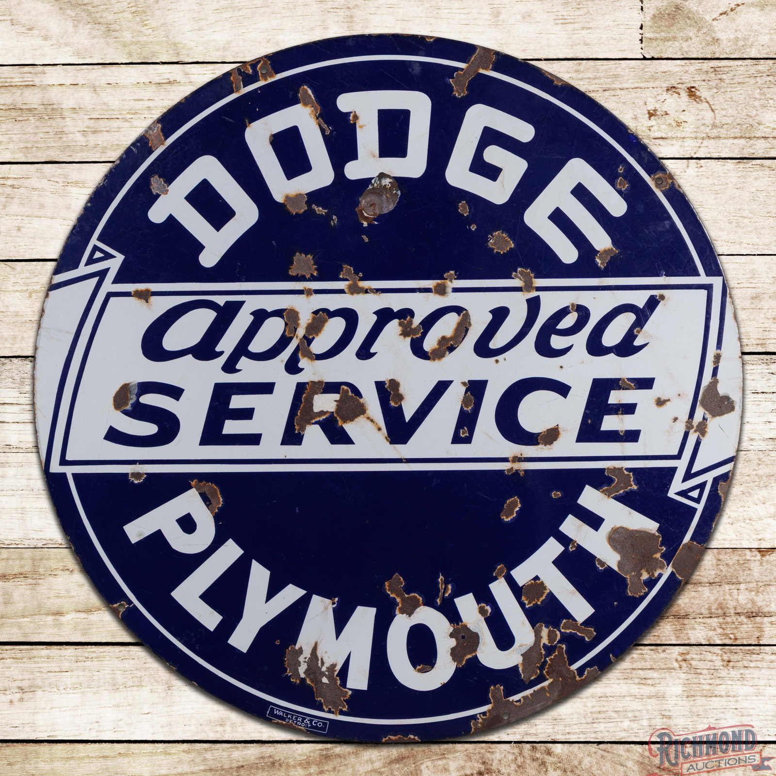 Dodge Plymouth Approved Service 42" Double Sided Porcelain Sign: DSP (double sided porcelain) sign has good color. Side #1 has general wear with chips, surface wear and cloudiness to the blue porcelain enamel. The reverse has better gloss than the display however, 