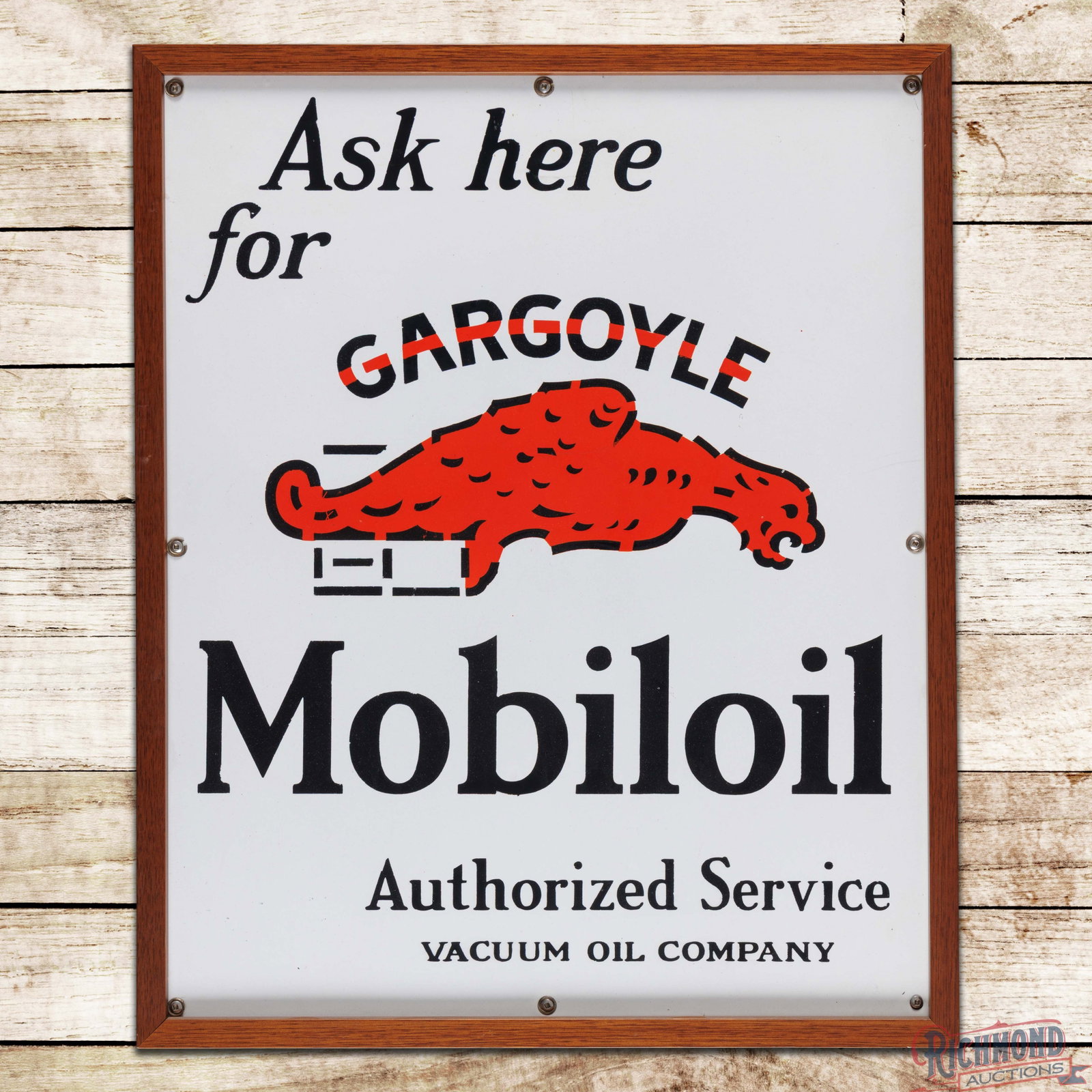 Ask Here For Gargoyle Mobiloil Single Sided Porcelain Sign Framed: SSP (single sided porcelain) sign with an added wooden frame has excellent color and gloss. The field is and perimeter are both exceptionally clean with minor surface imperfections. The wooden frame i