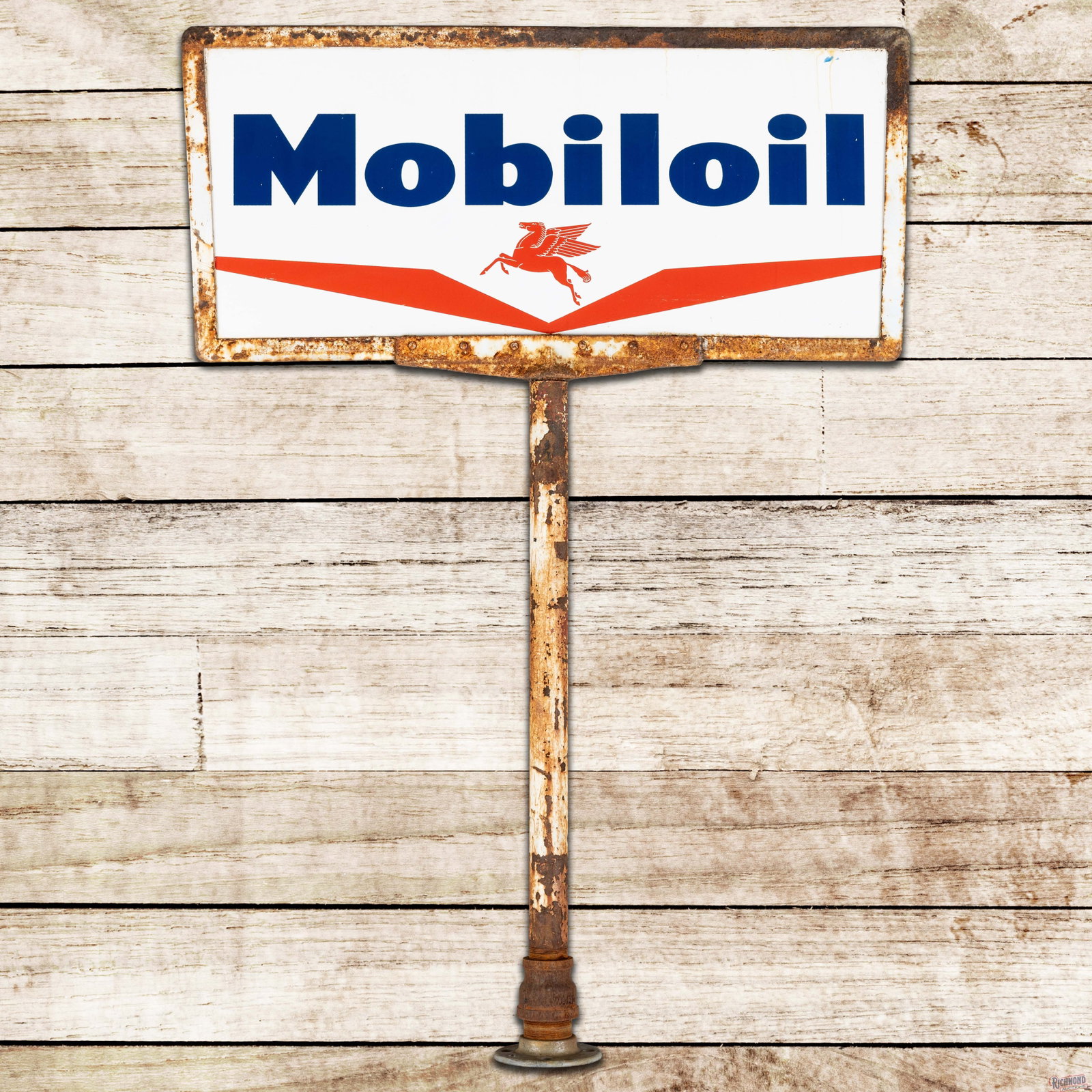 Mobiloil Double Sided Porcelain Service Station Curb Sign w/ Frame & Pole: DSP (double sided porcelain) sign with the factory frame and pole has very good color and gloss. Side #1 has flea bites in the fields with light wear and minor discoloration along the edges. The rever