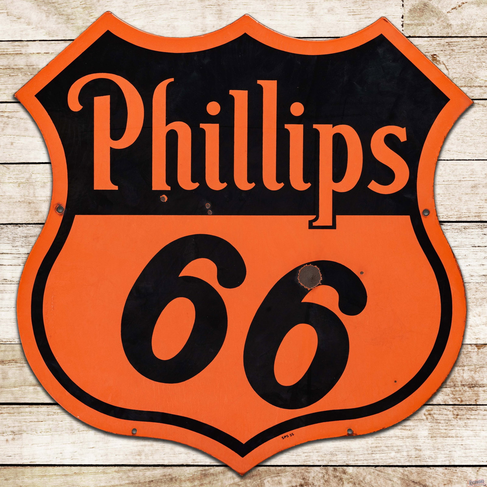 1955 Phillips 66 Gasoline Die Cut 30" Double Sided Porcelain Sign: DSP (double sided porcelain) die cut sign has very good color and gloss. Side #1 has two eraser sized chip in the field with a larger chip in a "6" in the lower field. The perimeter has areas of minor