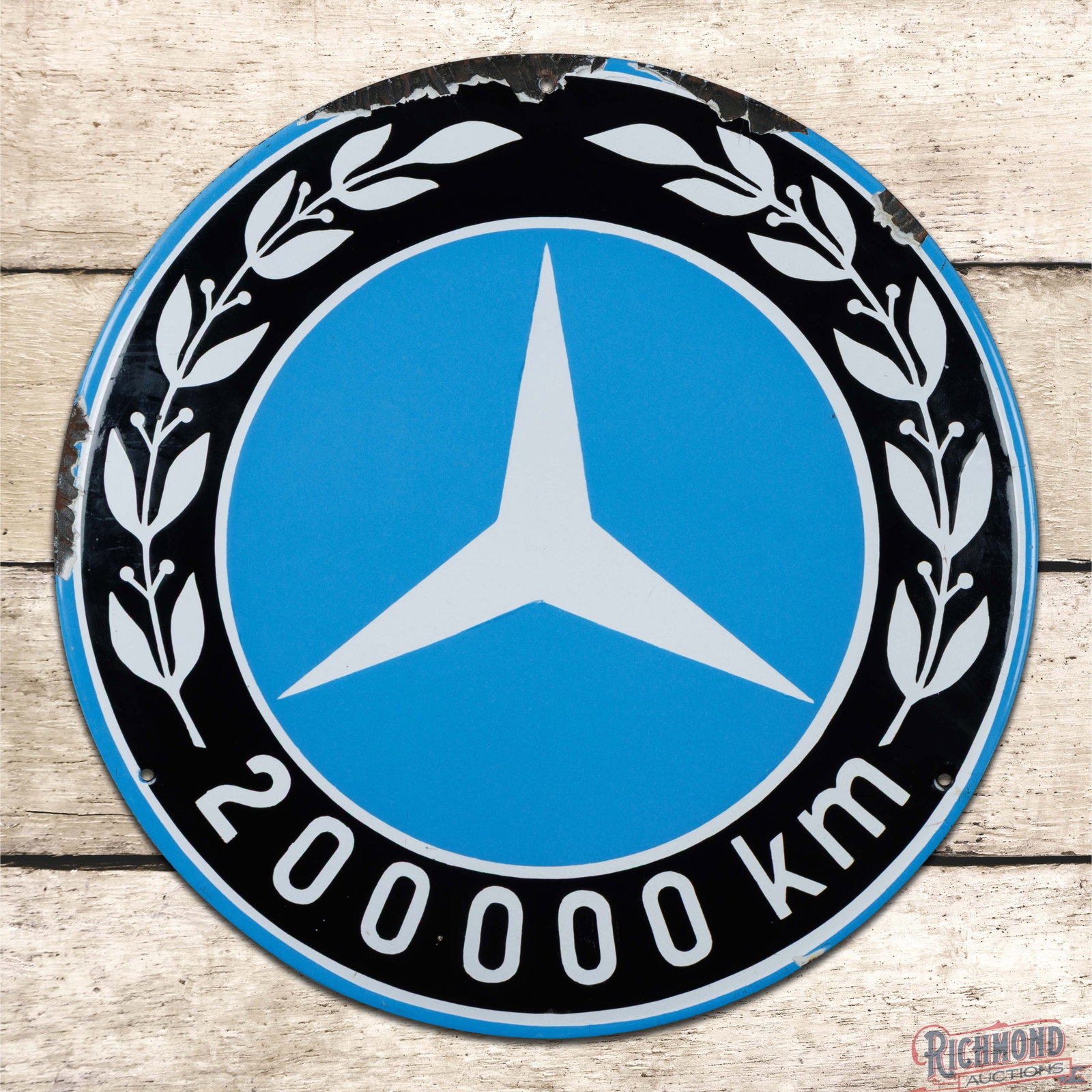 Scarce Mercedes Benz Convex Single Sided Porcelain 200,000 km Mileage Sign w/ Logo (1 of 3)