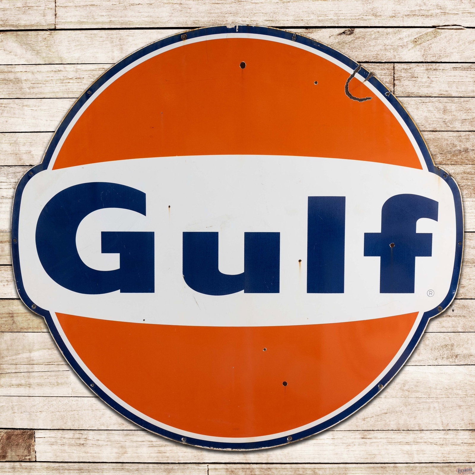 1967 Gulf Gasoline 6' Single Sided Porcelain ID Sign: SSP (single sided porcelain) die cut sign has very good color and gloss. The display has chips with surface marks and an area of color match above the left upper edge of the "U". The perimeter has a b