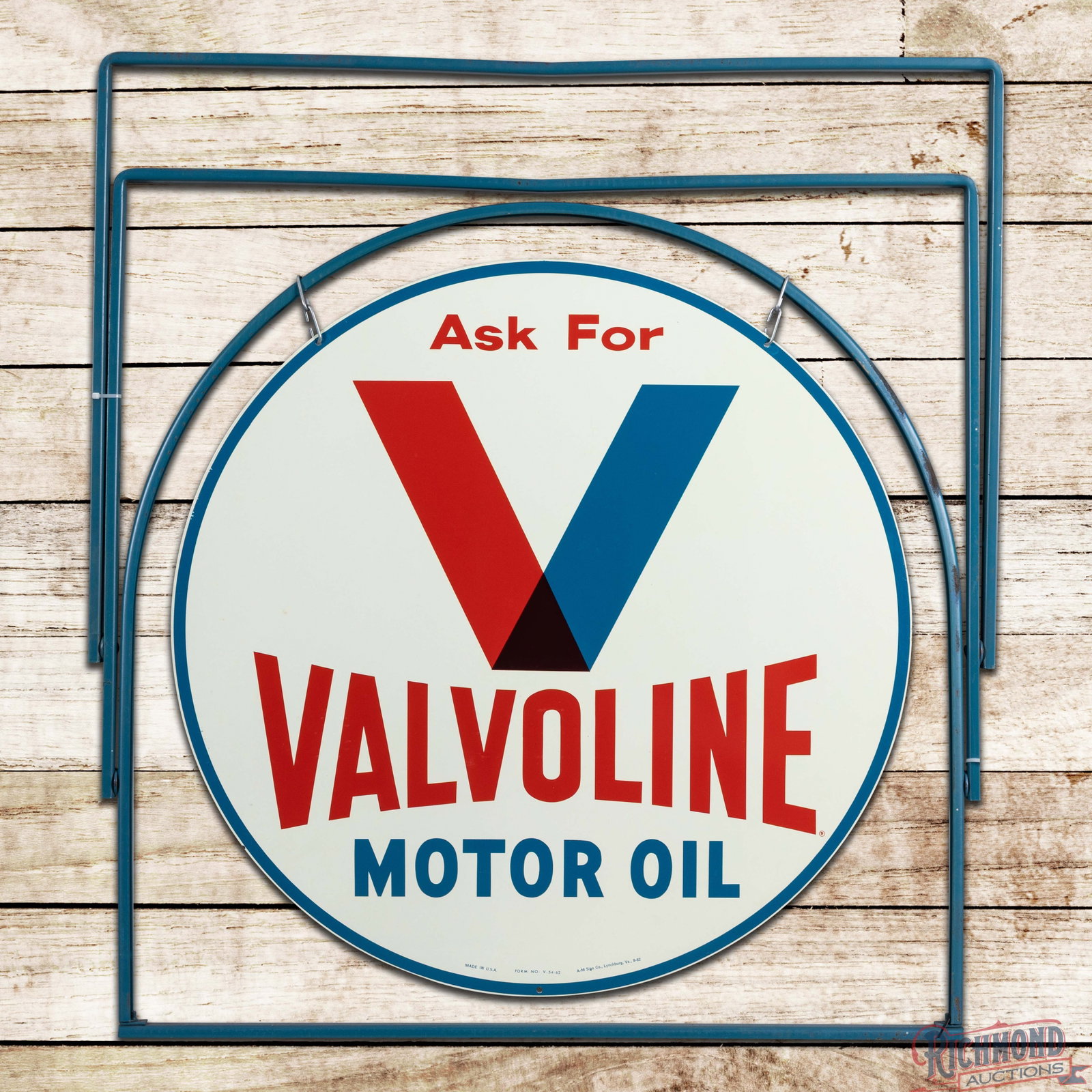 1962 Ask for Valvoline Motor Oil 30" Double Sided Tin Curb Sign: DST (double sided tin) sign with the original curb frame has outstanding color and shine. Side #1 has a clean field with a minor bend on the upper left edge. The reverse is in a similar condition to t
