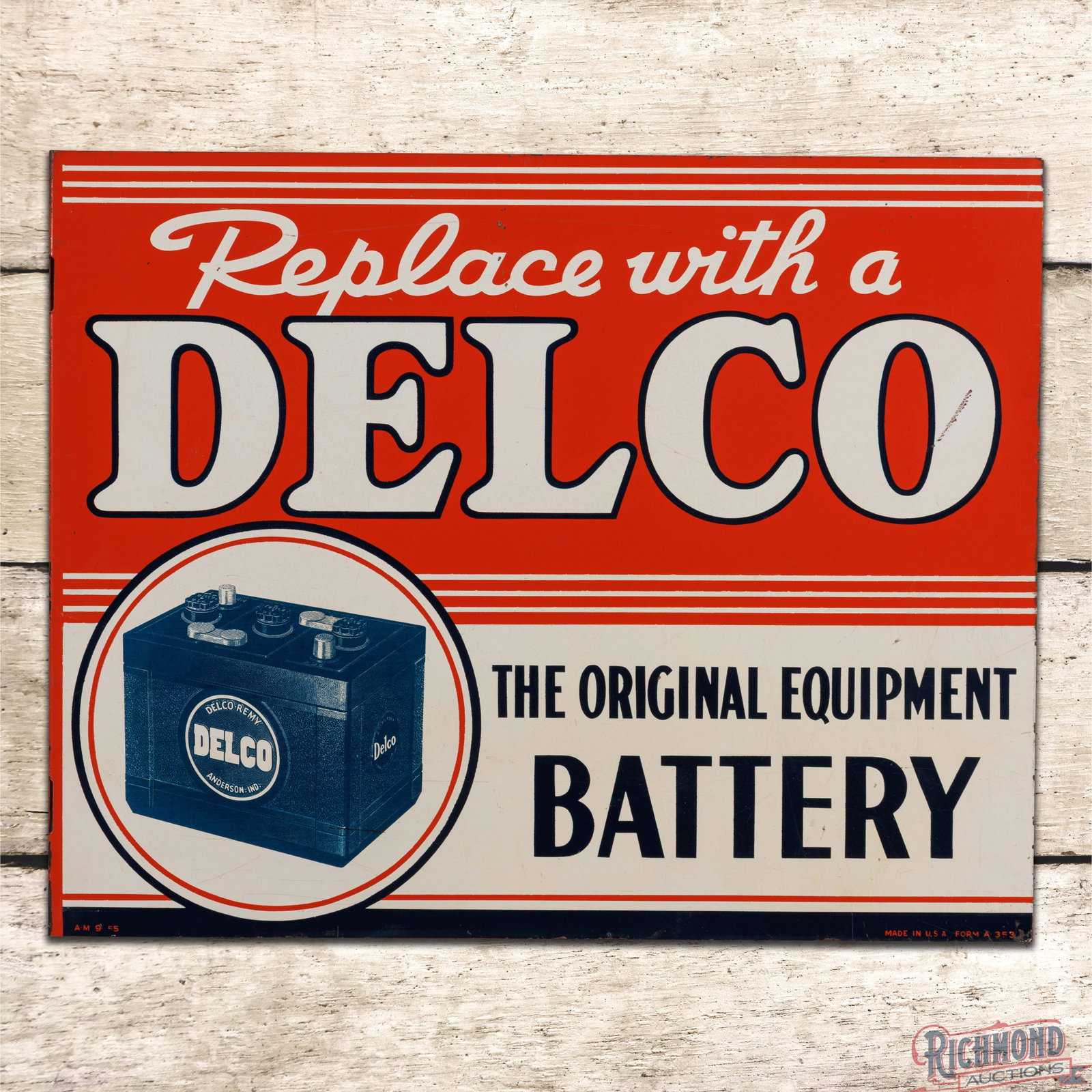 1955 Replace with a Delco The Original Battery Equipment Double Sided Tin Flange Sign: DST (double sided tin) flange has very good color and shine. The display has light wear with paint chips in the upper field and a scratch through the "O" in Delco. The perimeter has small paint chips 