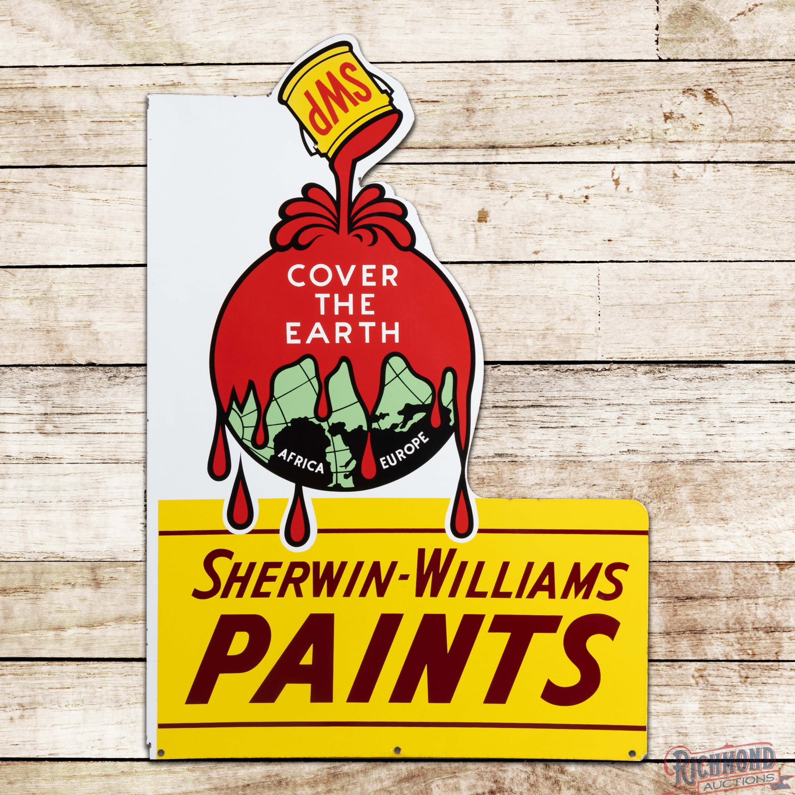 Sherwin Williams Paints "Cover the Earth" 4' Double Sided Porcelain Flange Sign w/ Logo: DSP (double sided porcelain) die cut flange has excellent color rand gloss. Side #1 has a clean field with a flea bite in the upper right outer field. The perimeter has small chips along the edges and