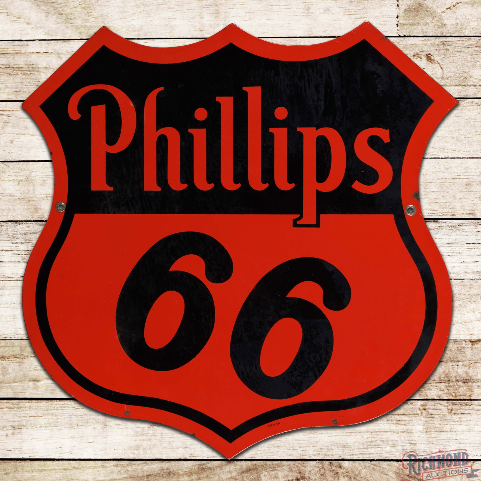 1955 Phillips 66 Motor Oils 30" Die Cut Double Sided Porcelain Sign: DSP (double sided porcelain) die cut sign has good color and gloss. The display has fine scratches, marks and areas of cloudiness to the black porcelain enamel. The perimeter has a small flake at the 